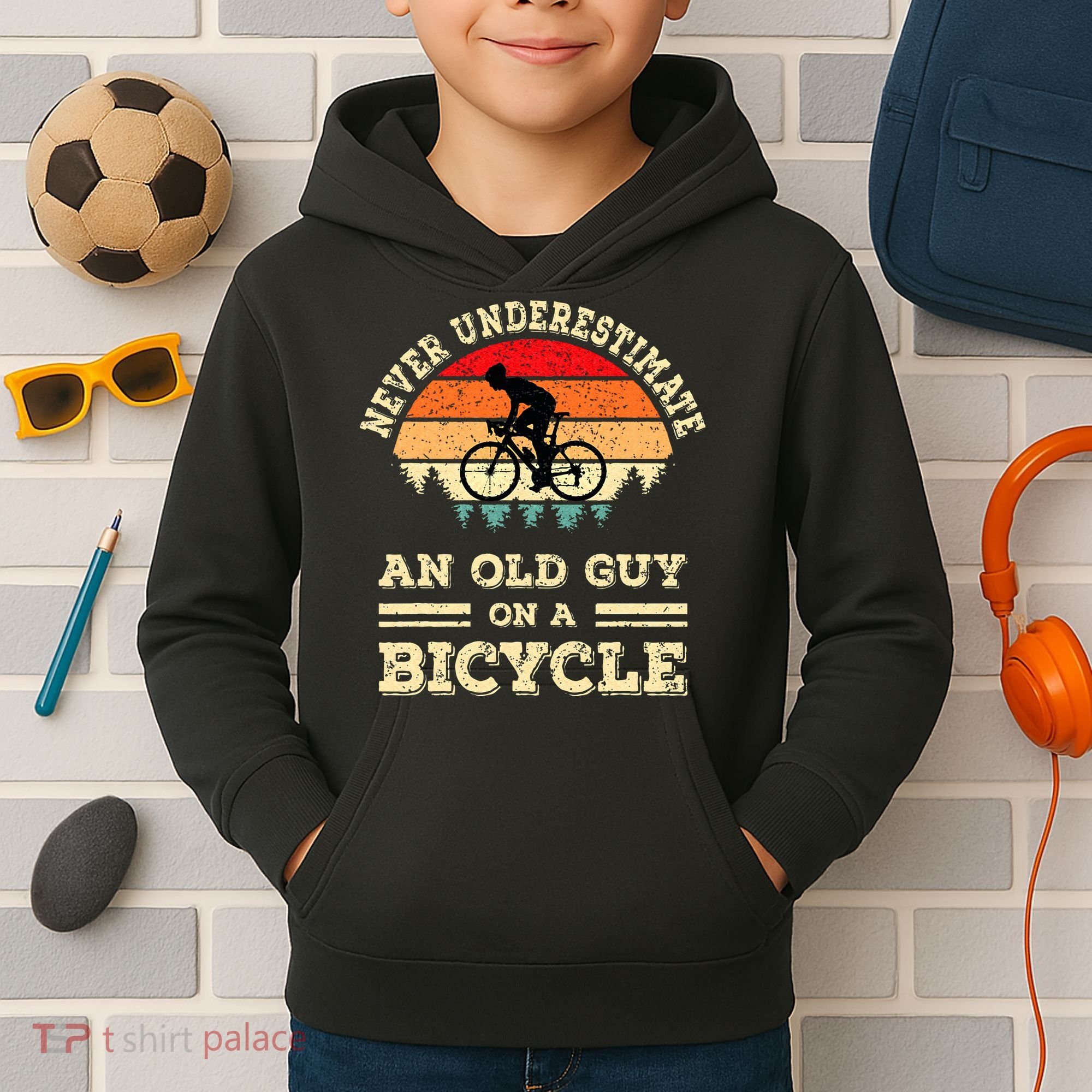 Never Underestimate An Old Guy On A Bicycle Funny Cycling Kids Hoodie