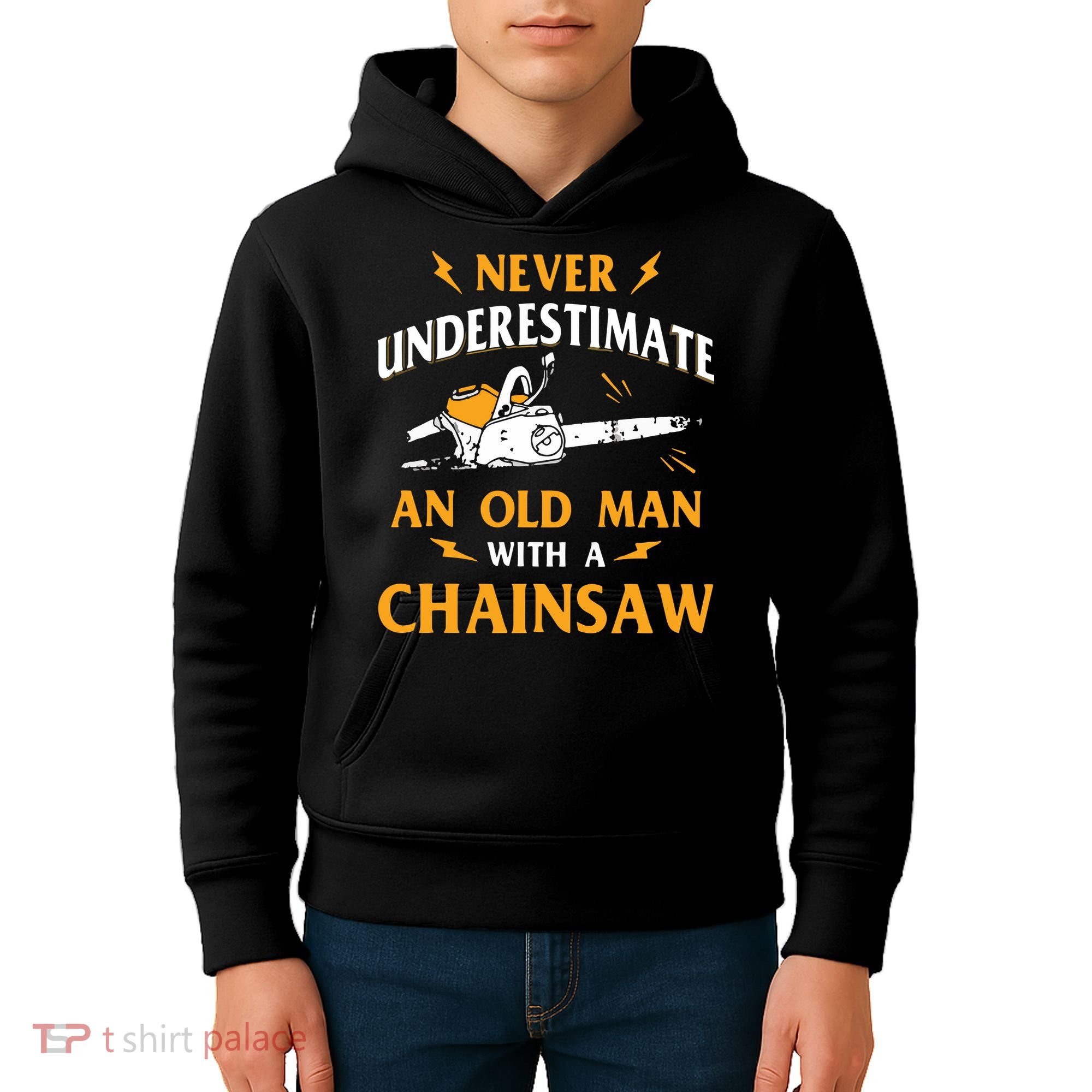 Never Underestimate An Old Man Lumberjack Chainsaw & Logger Kids Hoodie