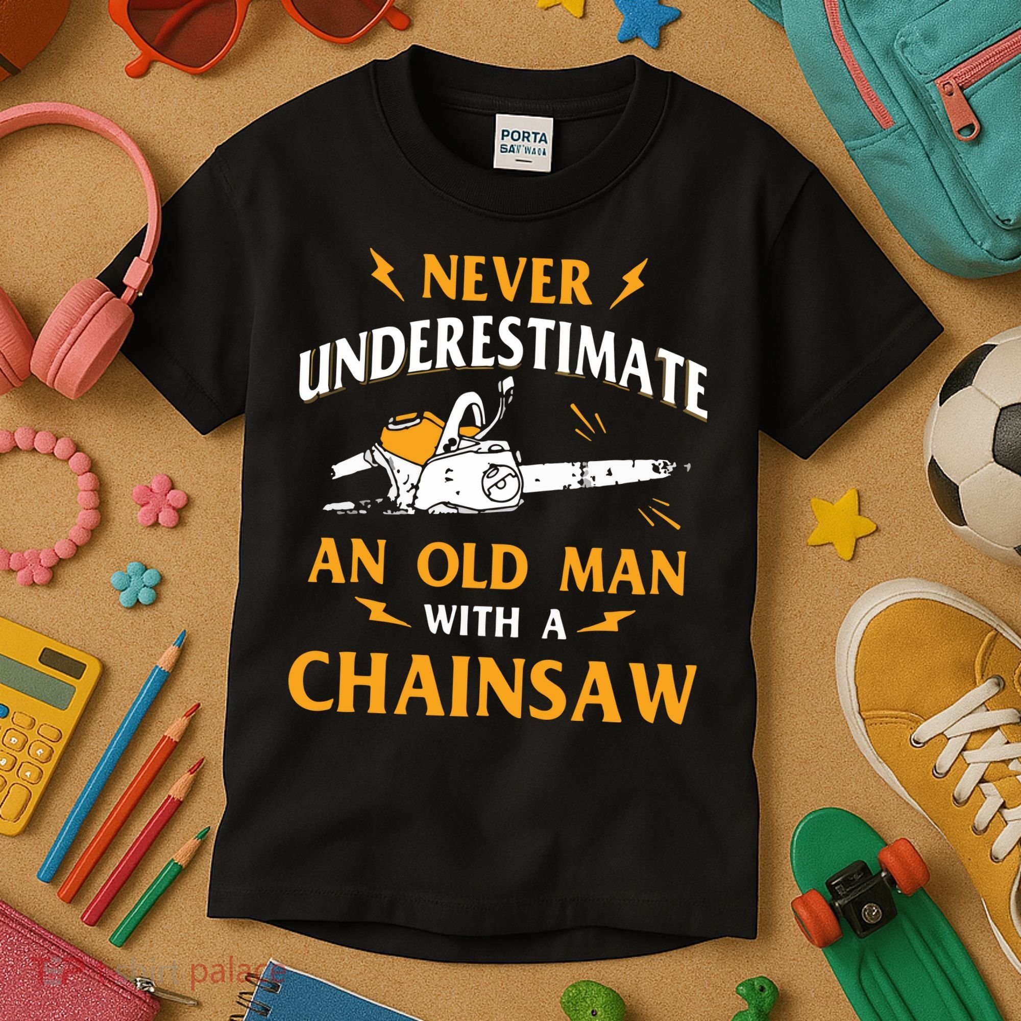 Never Underestimate An Old Man Lumberjack Chainsaw & Logger Kids T-Shirt