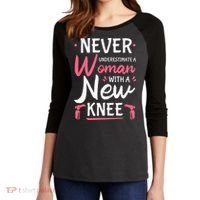 Never Underestimate A Women New Knee Replacement Surgery Women's Tri-Blend 3/4-Sleeve Raglan Shirt thumb 2