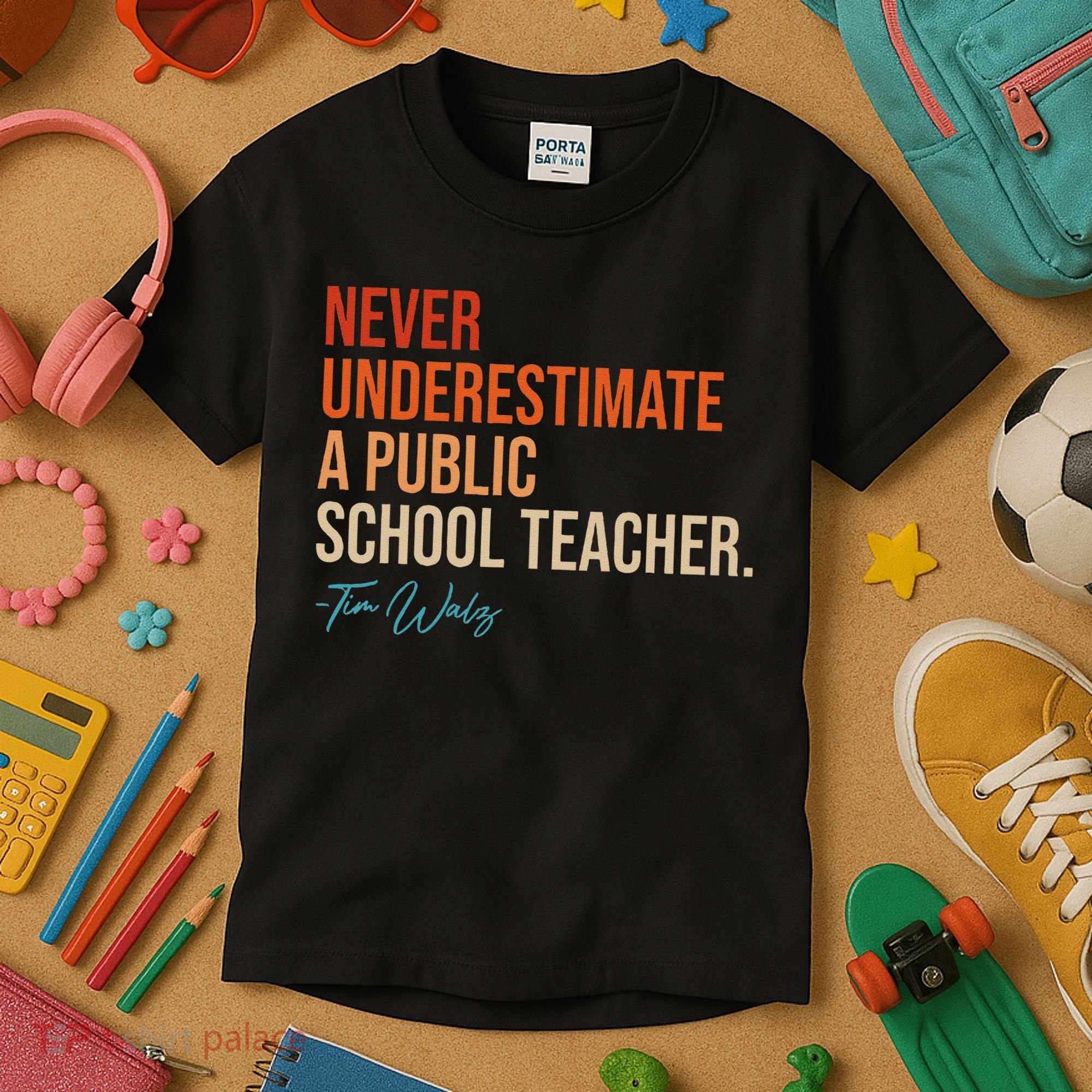 Never Underestimate A Public School Teacher Harris Walz 2024 Kids T-Shirt