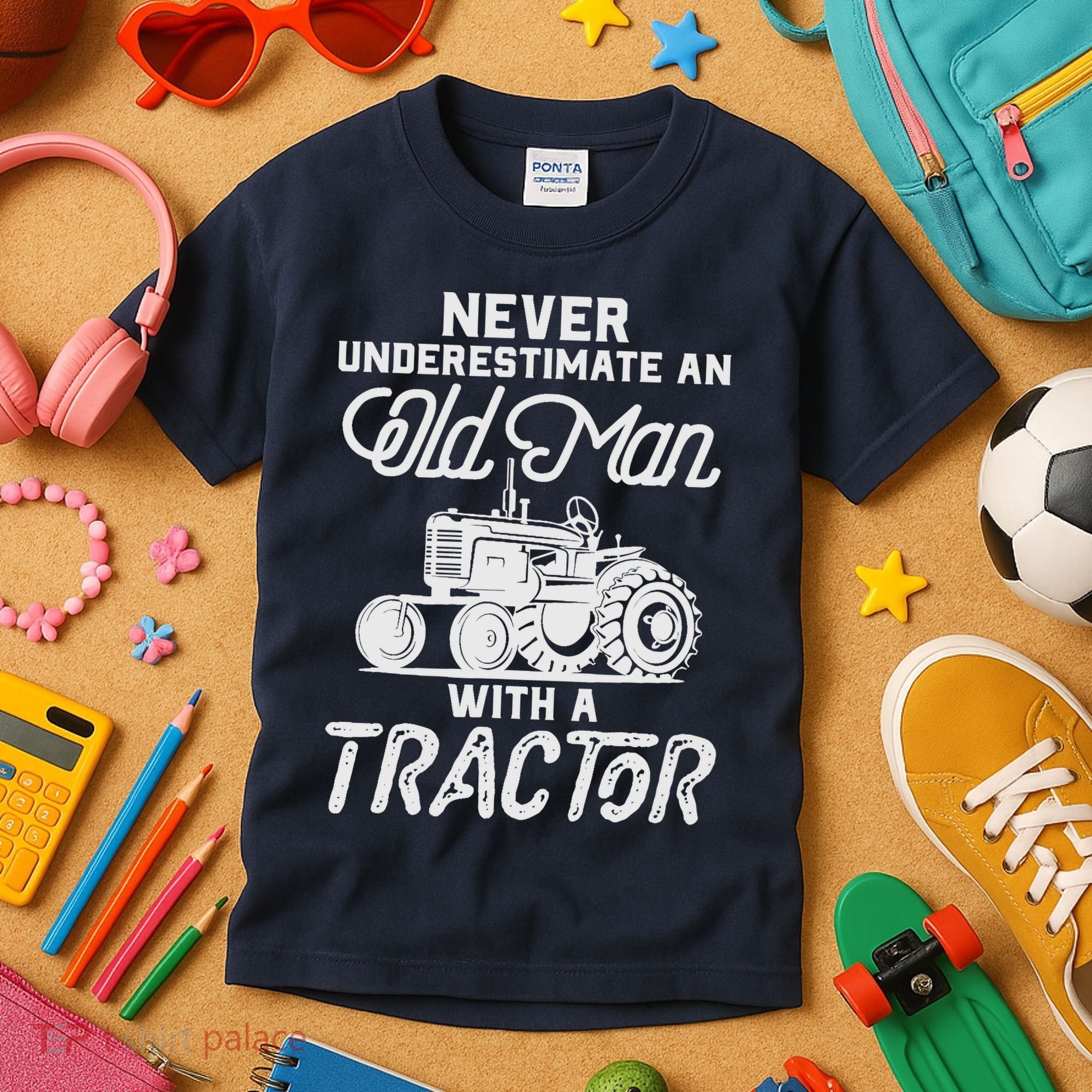 Never Underestimate An Old Man With A Tractor - Funny Farmer Kids T-Shirt