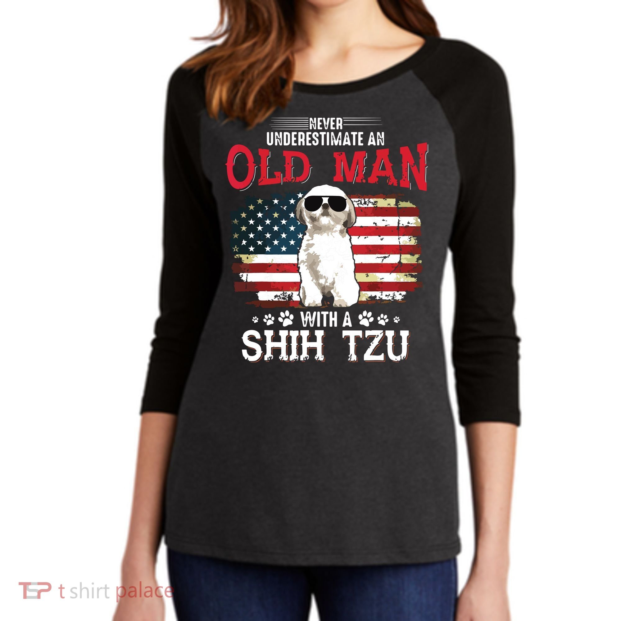 Never Underestimate An Old Man With A Shih Tzu Costume Gift Women's Tri-Blend 3/4-Sleeve Raglan Shirt