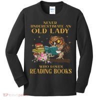 Never Underestimate An Old Lady Who Loves Reading Book Owl Kids Long Sleeve Shirt thumb 0