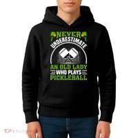 Never Underestimate An Old Lady Who Plays Pickleball Kids Hoodie thumb 4
