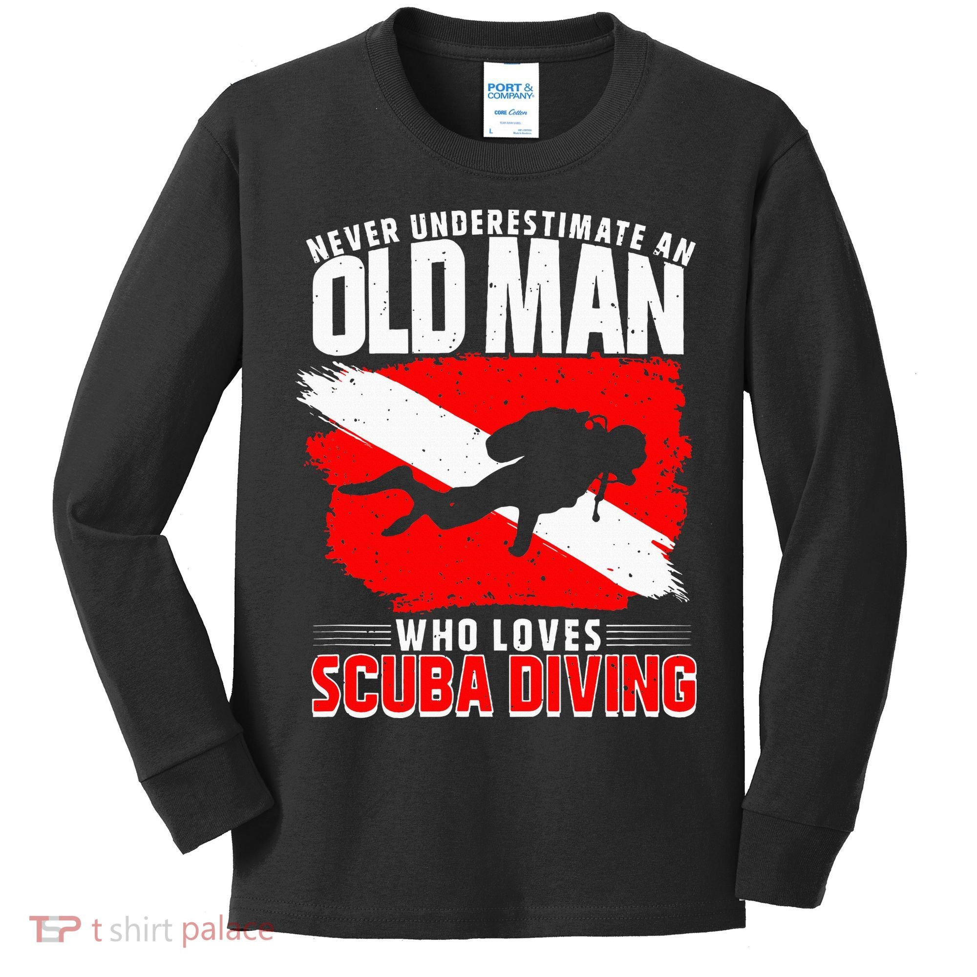 Never Underestimate An Old Man Diver Gift Scuba Diving Kids Long Sleeve Shirt