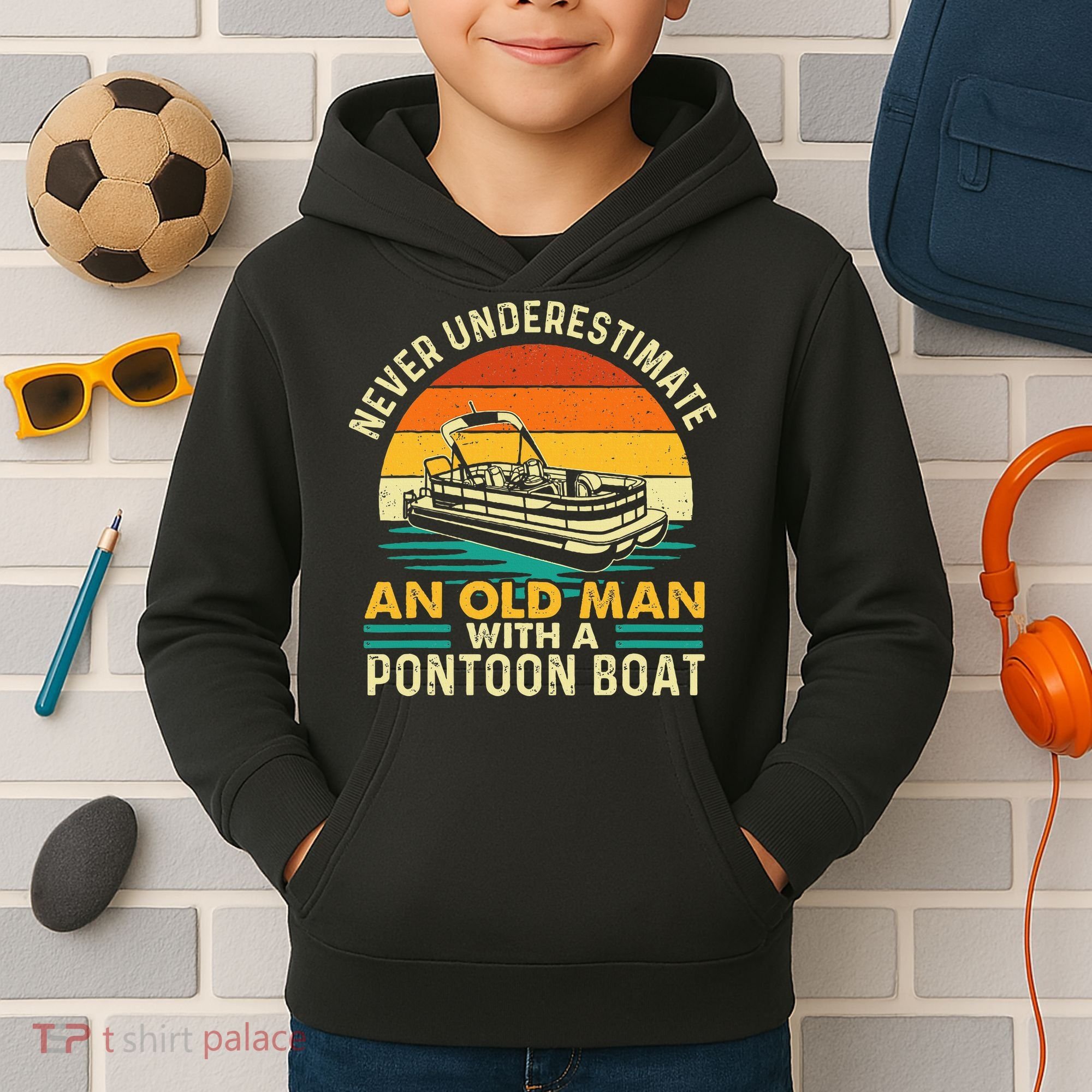 Never Underestimate An Old Man With Pontoon Boat Boating Kids Hoodie