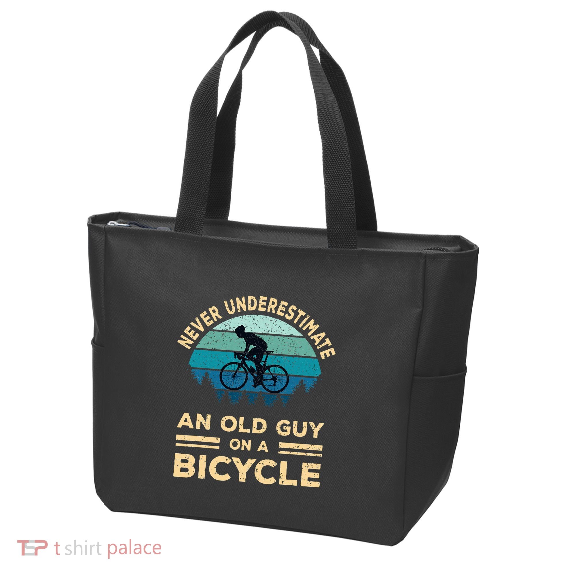Never Underestimate An Old Guy On A Bicycle Funny Cycling Tote Bag