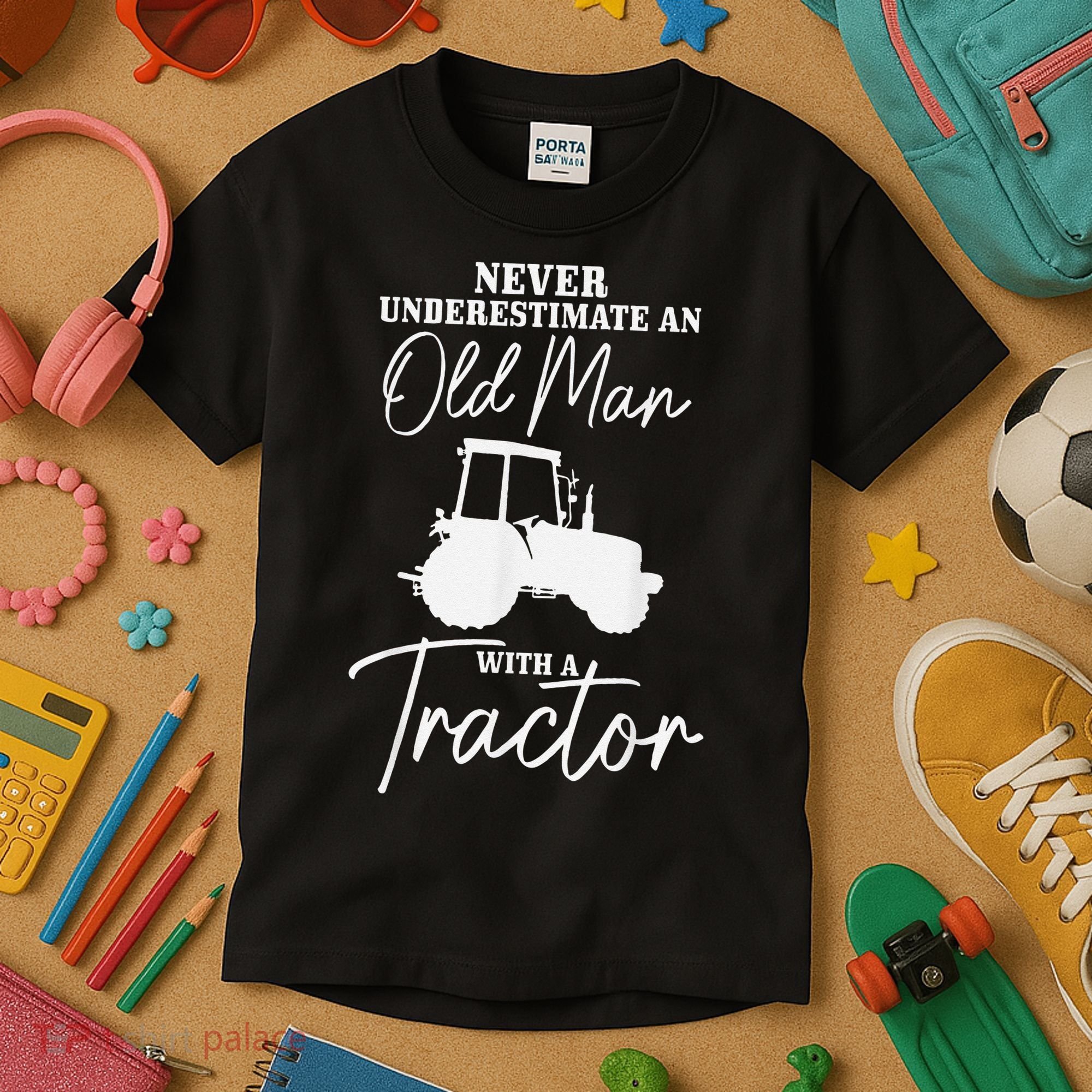 Never Underestimate An Old Man With A Tractor Funny Farmer Kids T-Shirt