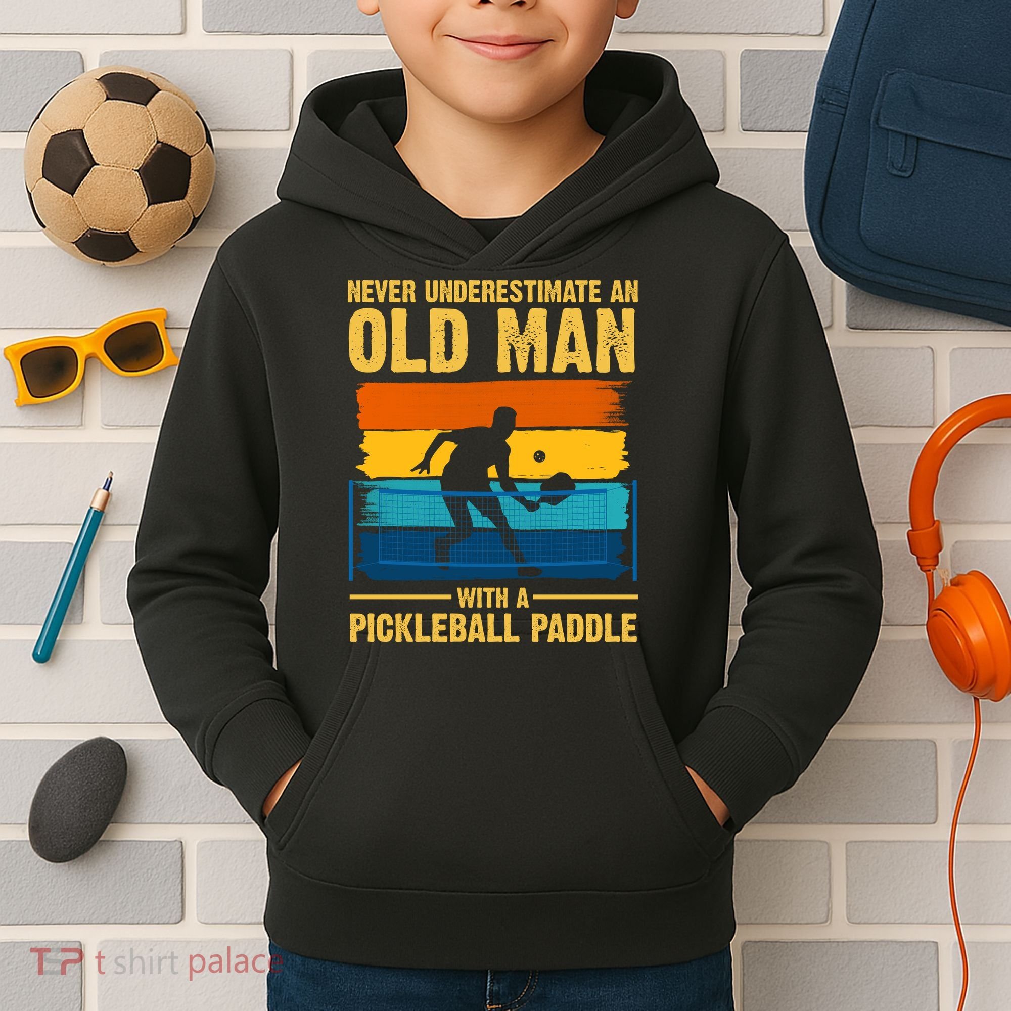 Never Underestimate An Old Man With A Pickleball Paddle Kids Hoodie