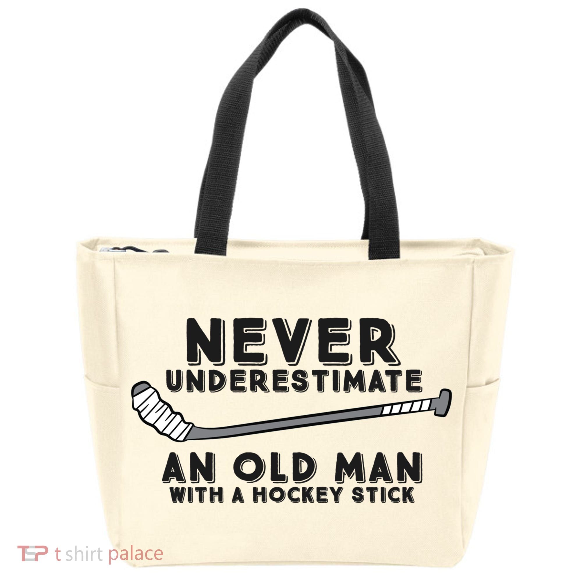 Never Underestimate An Old Man With A Stick Retired Hockey Funny Gift Tote Bag