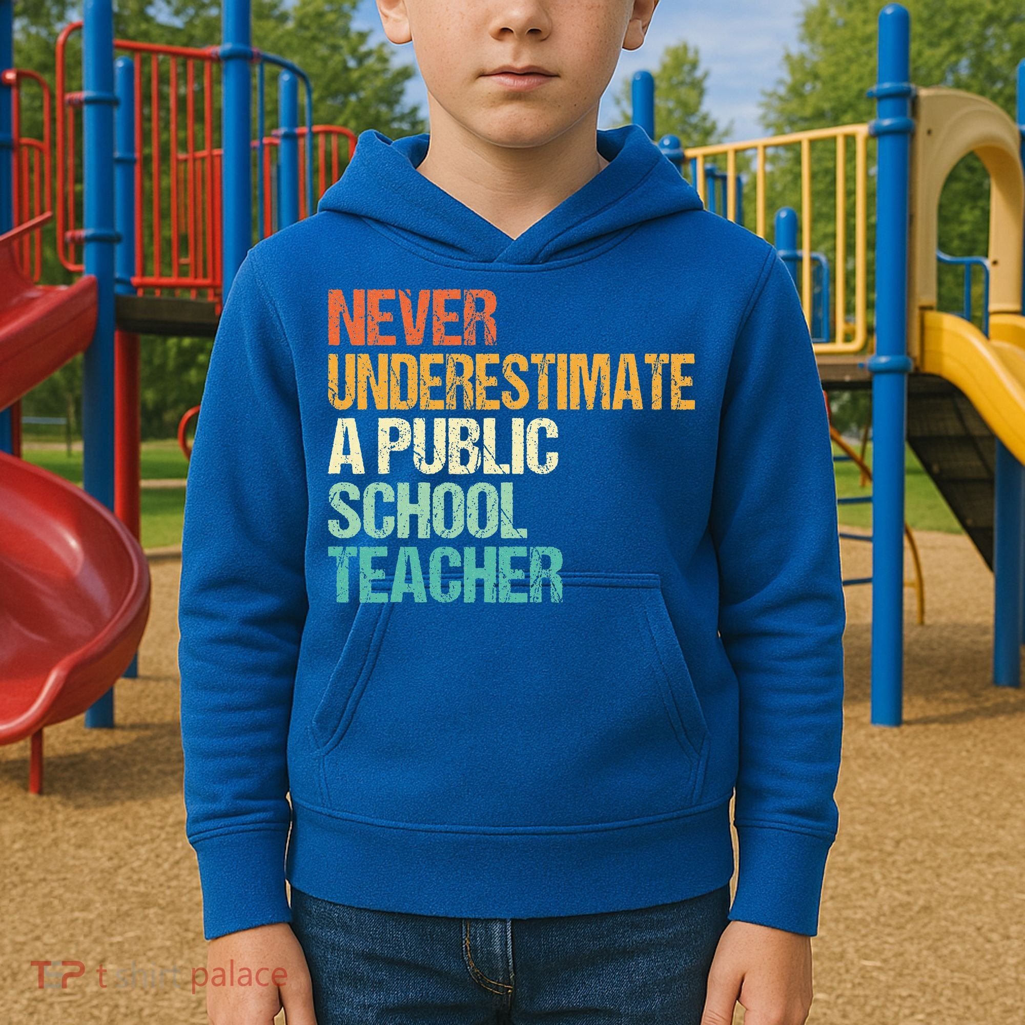 Never Underestimate A Public School Teacher Harris Walz 2024 Kids Hoodie