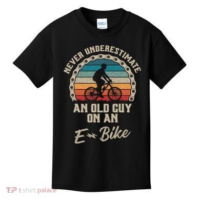 Never Underestimate An Old Guy On An E Bike Biking Kids T-Shirt