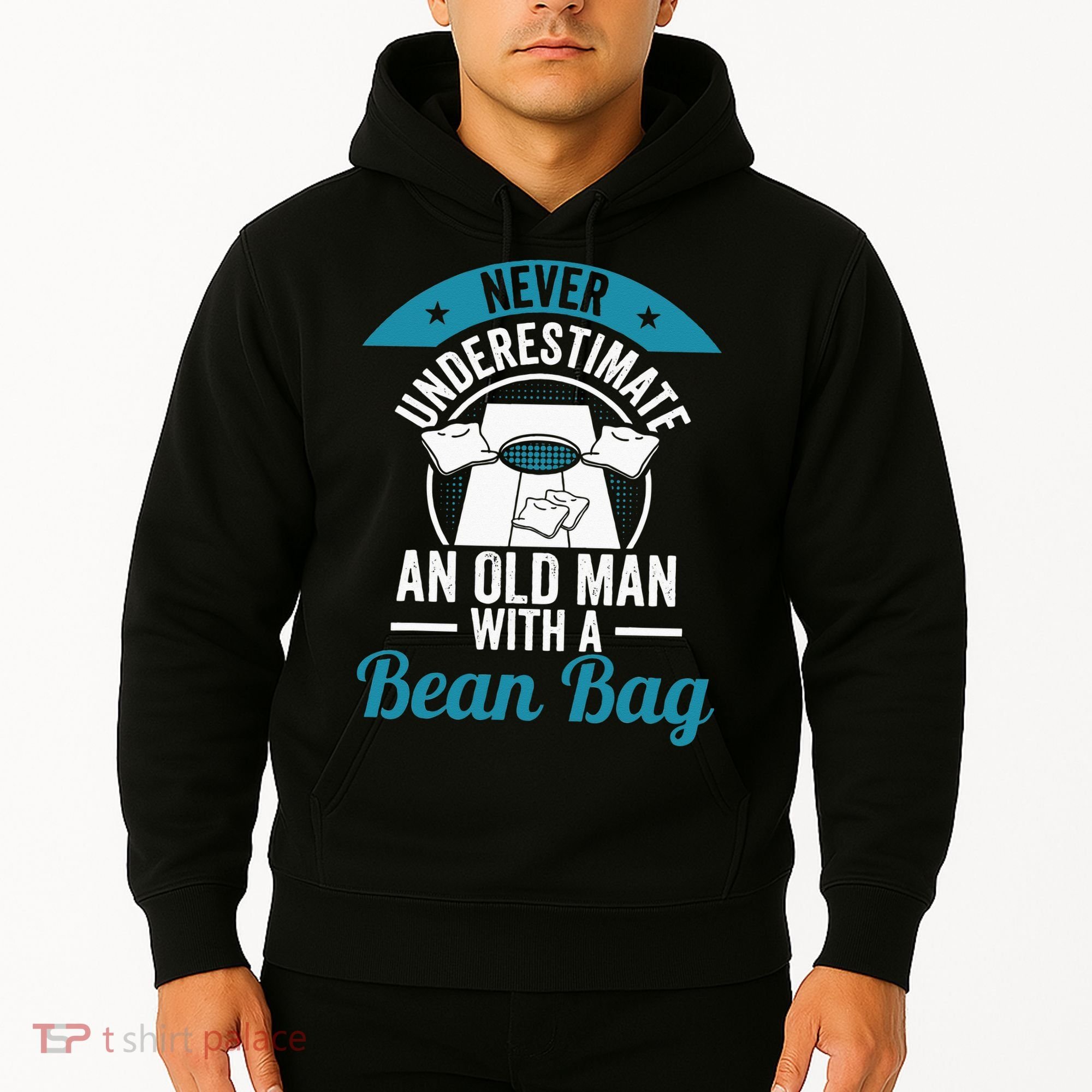 Never Underestimate An Old Man With A Bean Bag Cornhole Hoodie