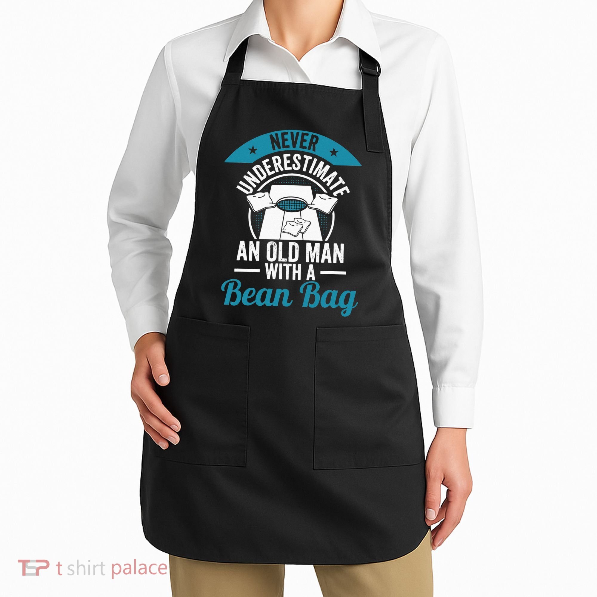 Never Underestimate An Old Man With A Bean Bag Cornhole Apron