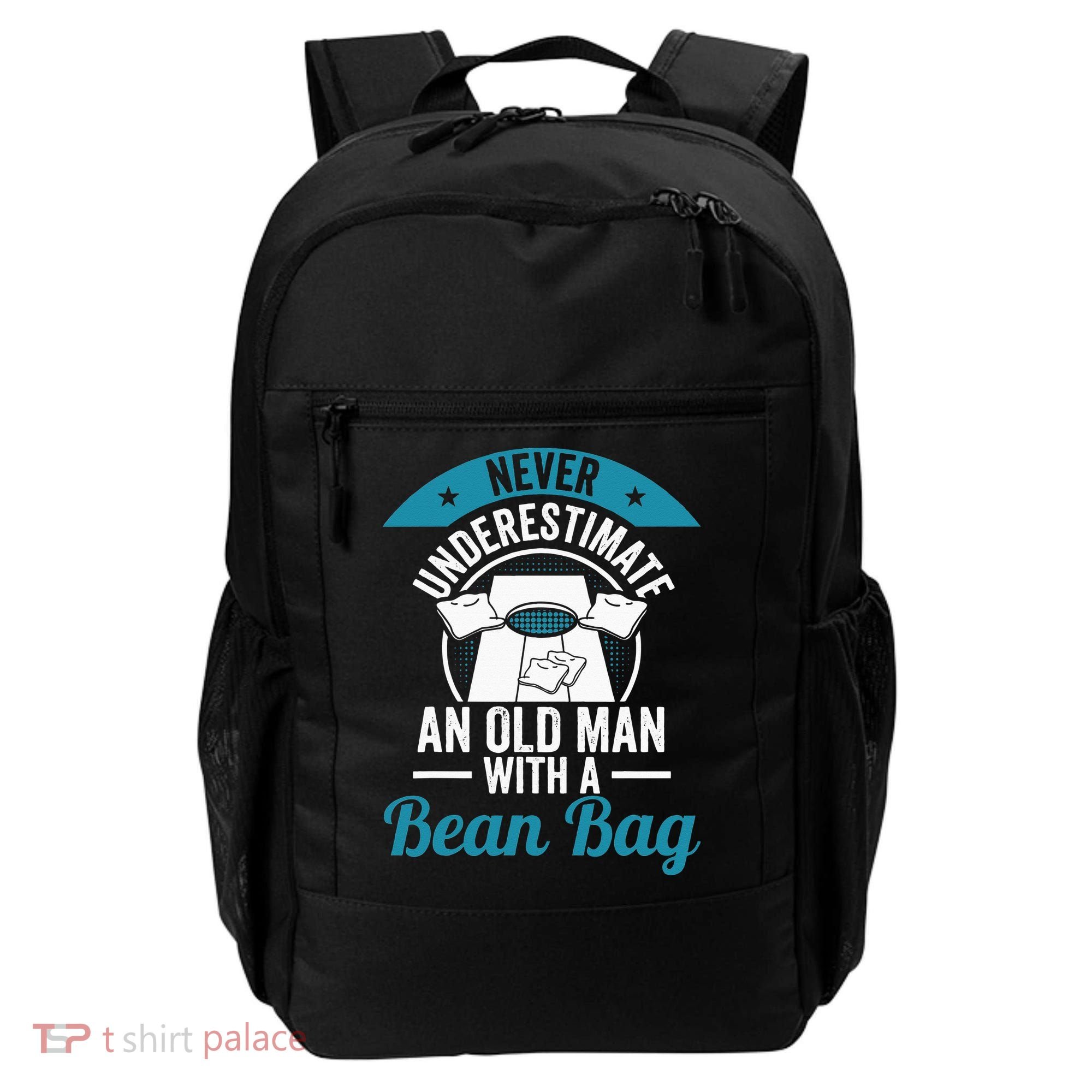 Never Underestimate An Old Man With A Bean Bag Cornhole Backpack