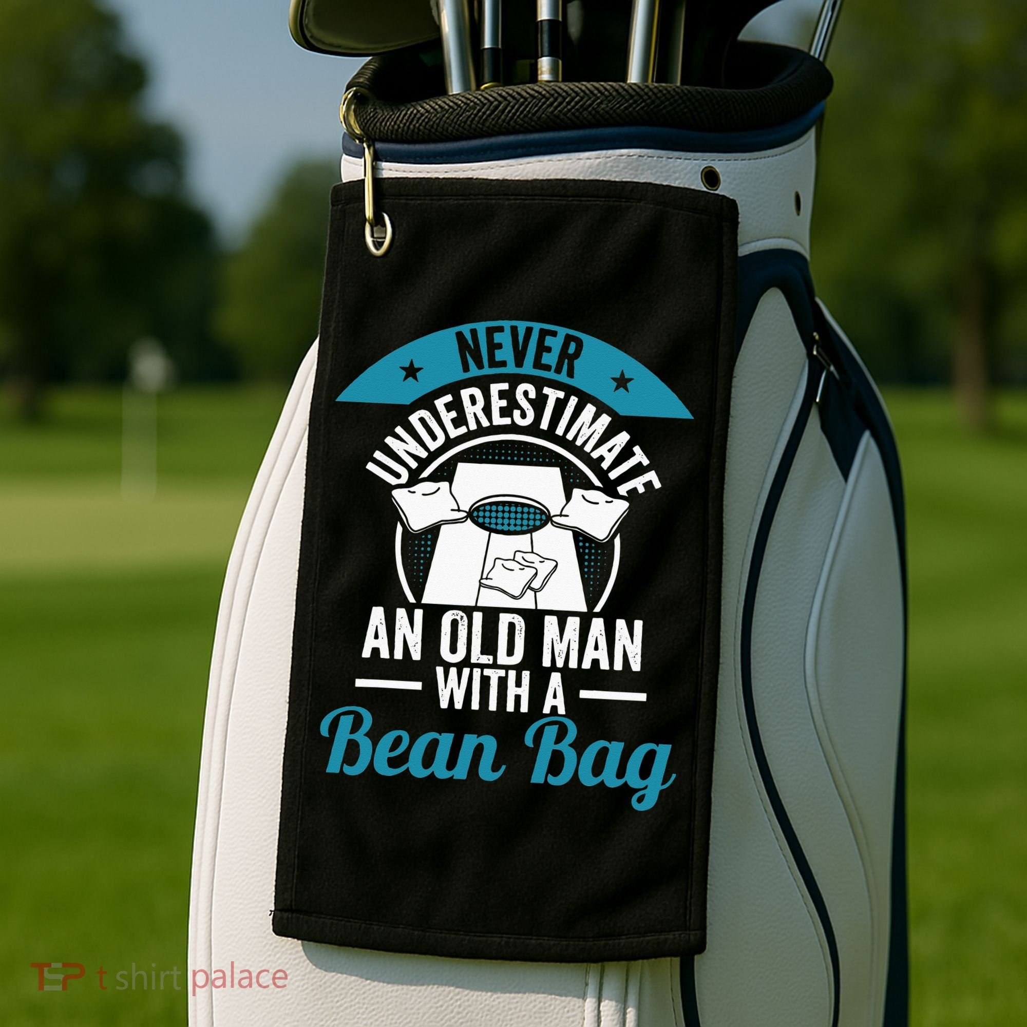 Never Underestimate An Old Man With A Bean Bag Cornhole Golf Towel