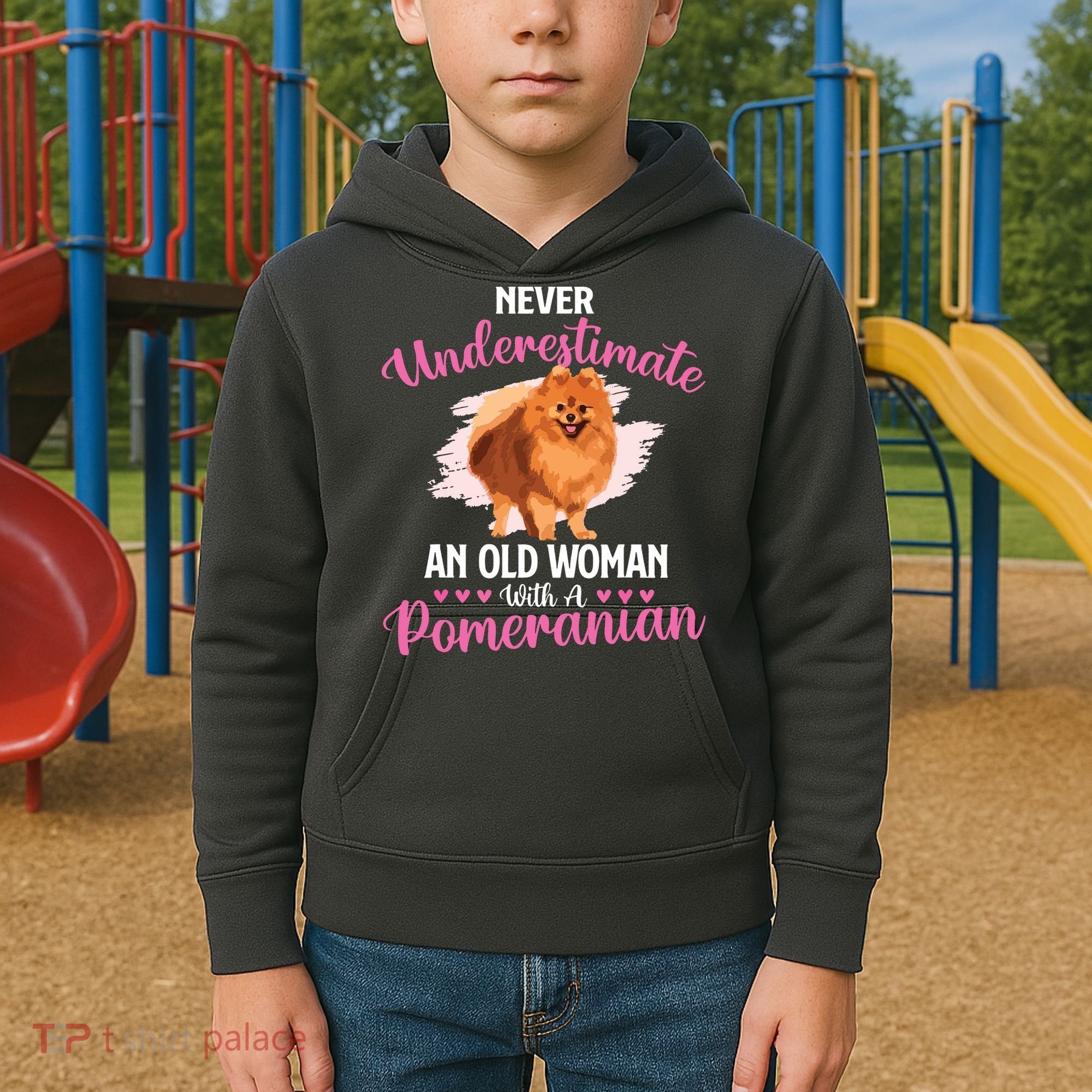 Never Underestimate An Old Woman With A Pomeranian Kids Hoodie