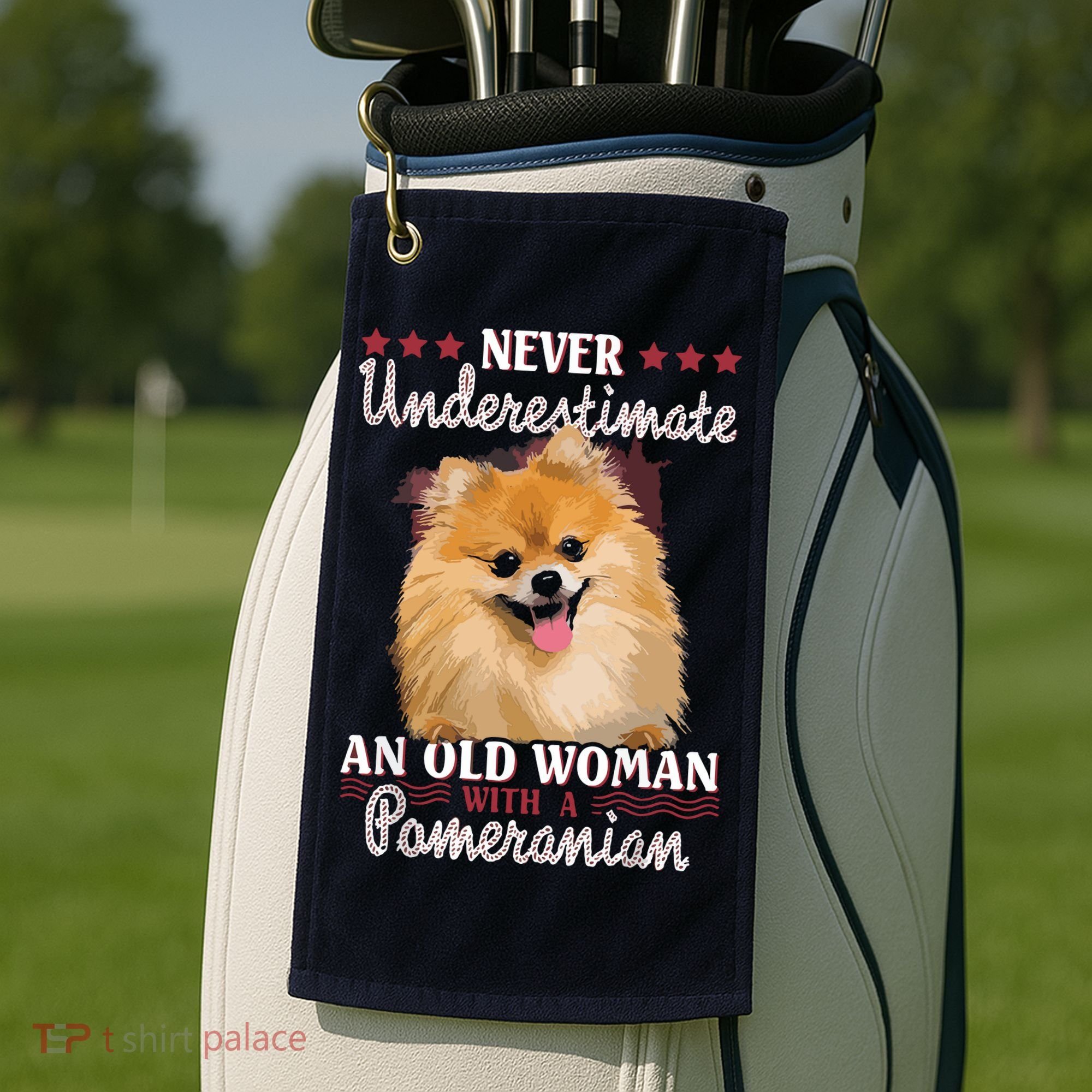 Never Underestimate An Old Woman With Pomeranian Golf Towel