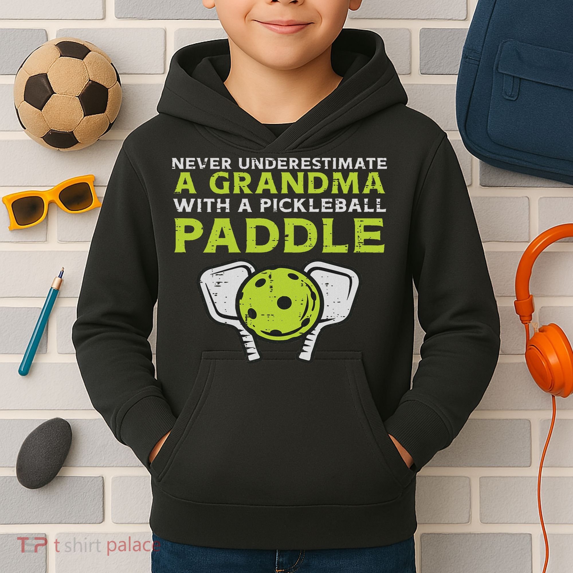 Never Underestimate Grandma With Pickleball Paddle Women Kids Hoodie