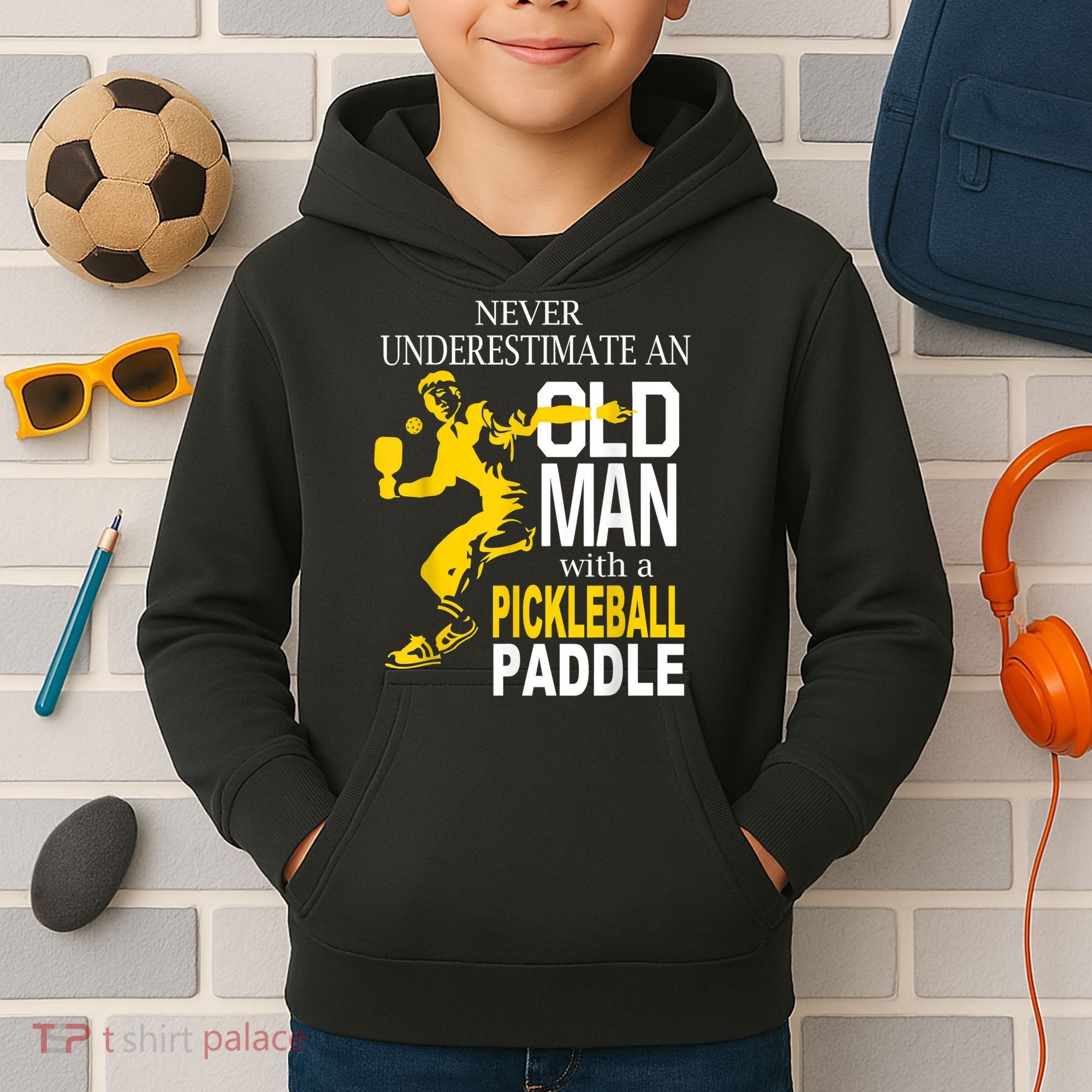 Never Underestimate Old Man With Pickleball Paddle Kids Hoodie