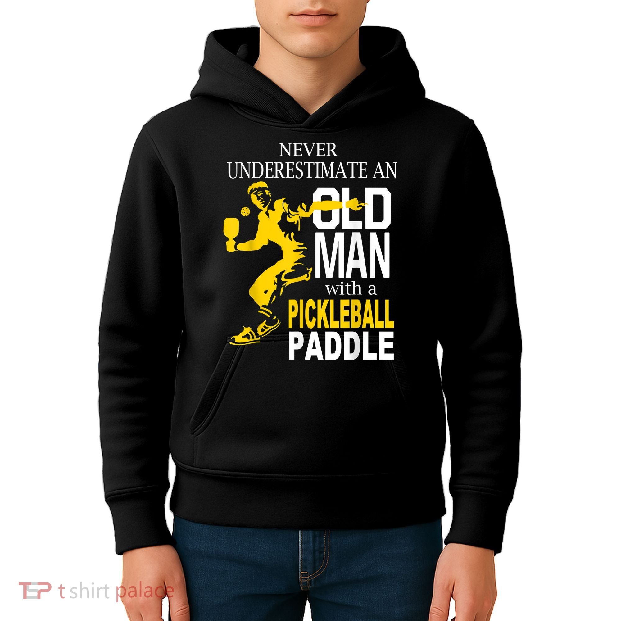 Never Underestimate Old Man With Pickleball Paddle Kids Hoodie