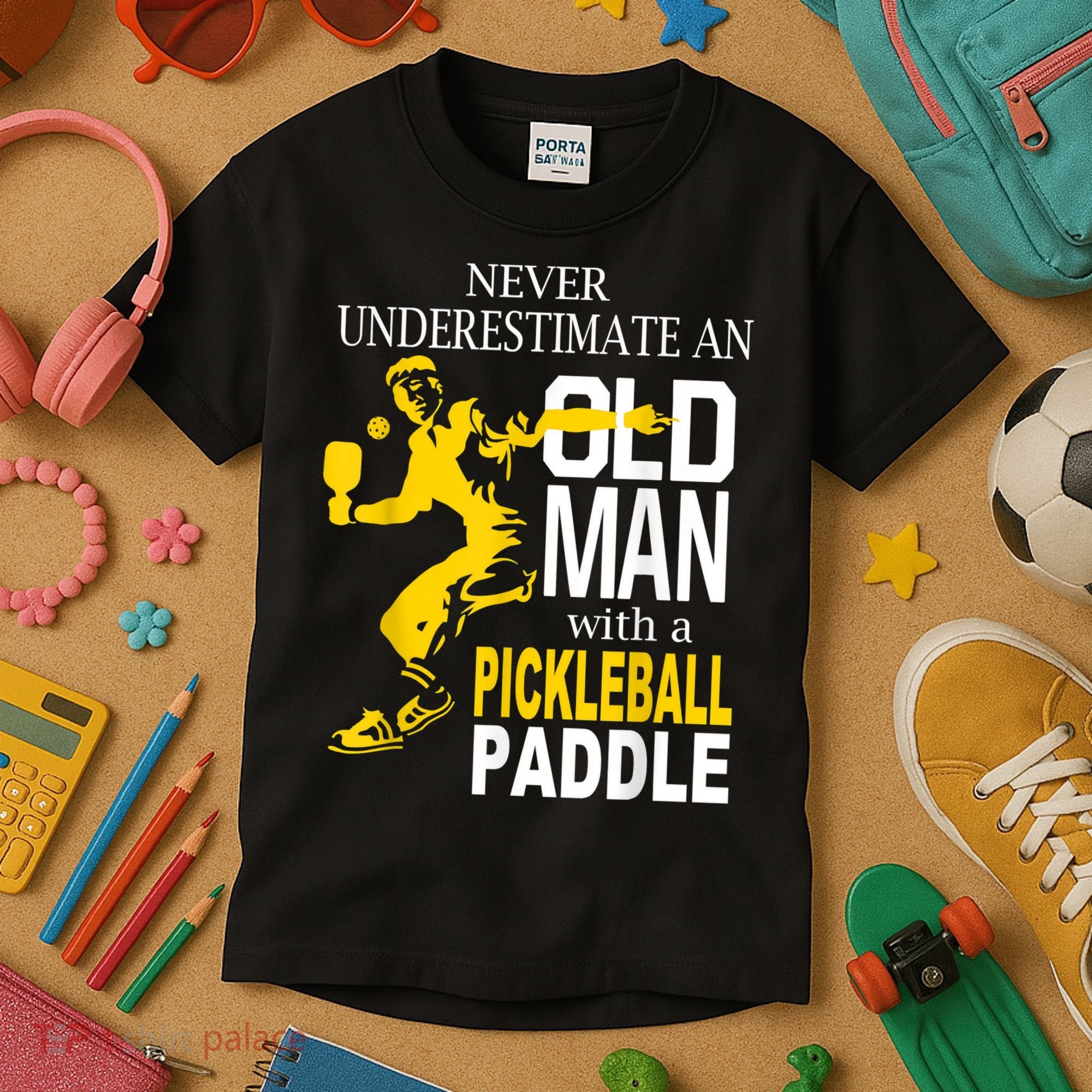 Never Underestimate Old Man With Pickleball Paddle Kids T-Shirt