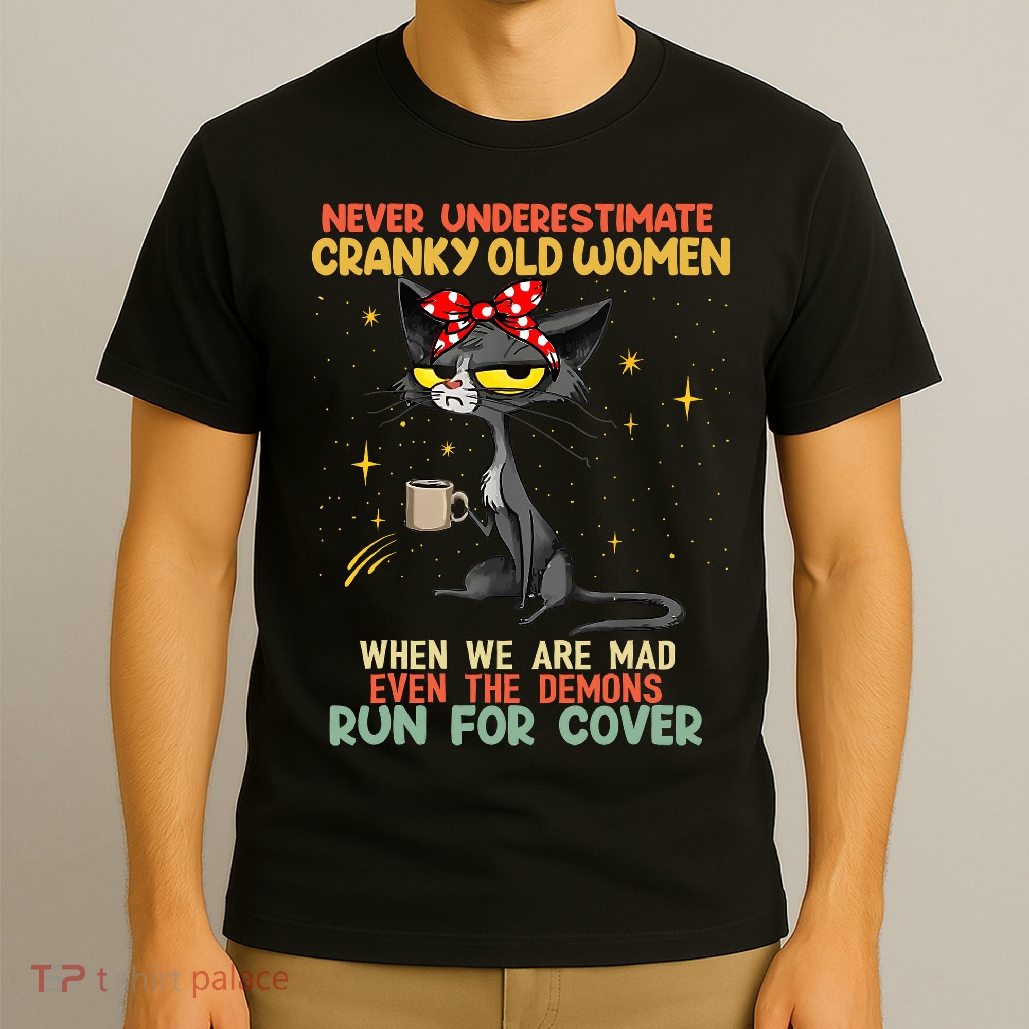 Never Underestimate Old Cranky Women Funny Cat Retro Vintage T-Shirt