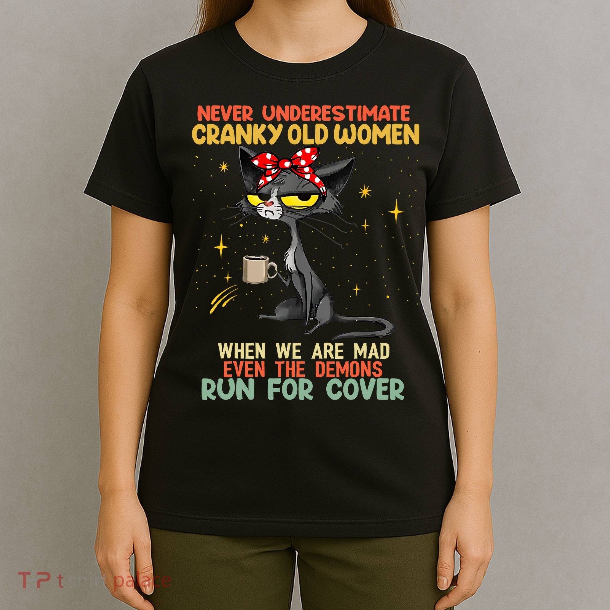 Never Underestimate Old Cranky Women Funny Cat Retro Vintage T-Shirt