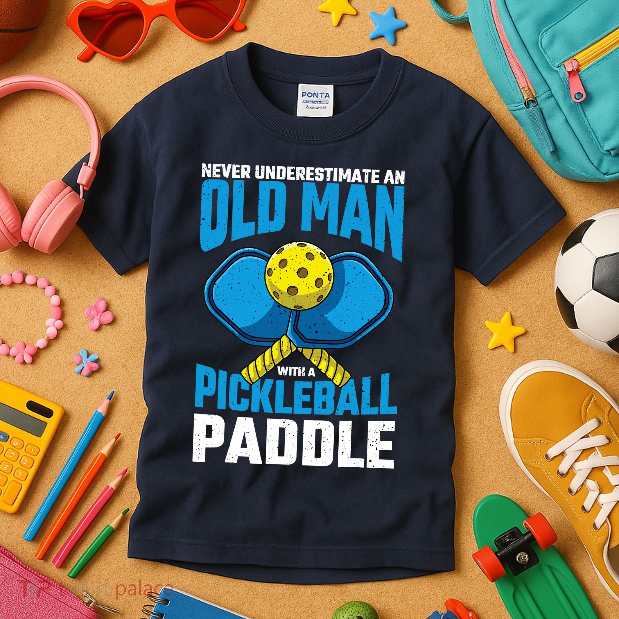Never Underestimate Old Man Pickleball Paddle Dad Husband Kids T-Shirt