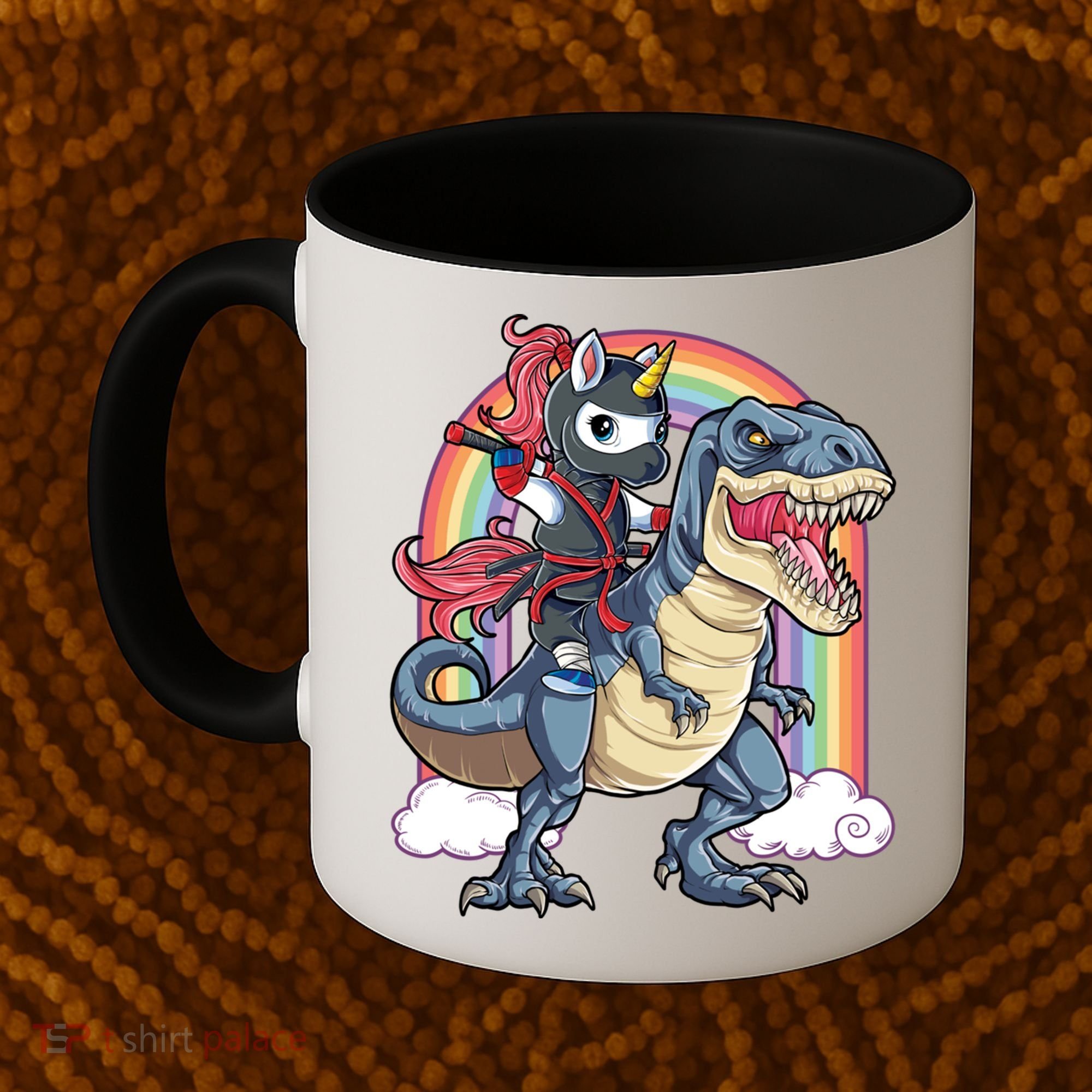 Ninja Unicorn Riding Dinosaur T Rex Funny Rainbow Gift Coffee Mug