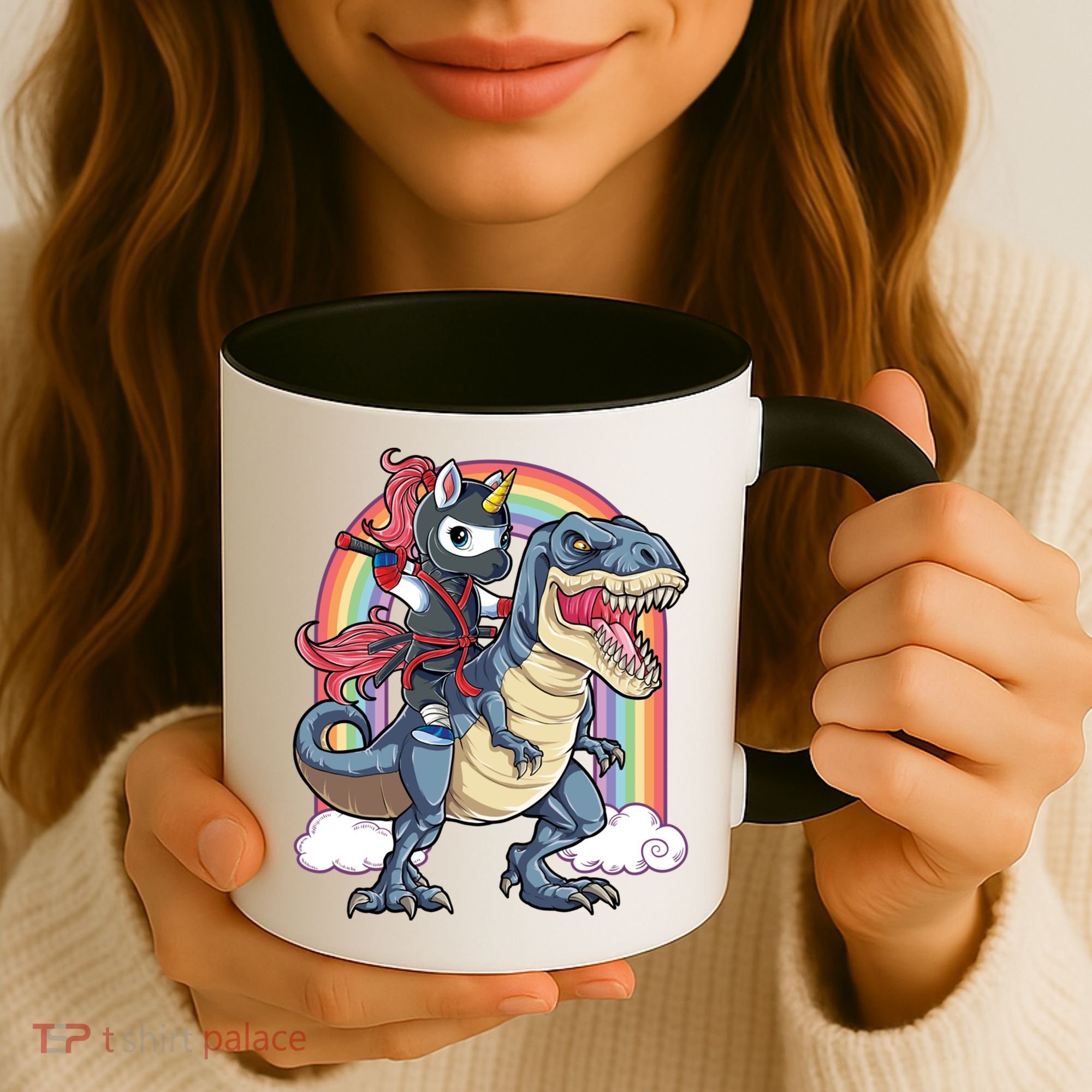 Ninja Unicorn Riding Dinosaur T Rex Funny Rainbow Gift Coffee Mug