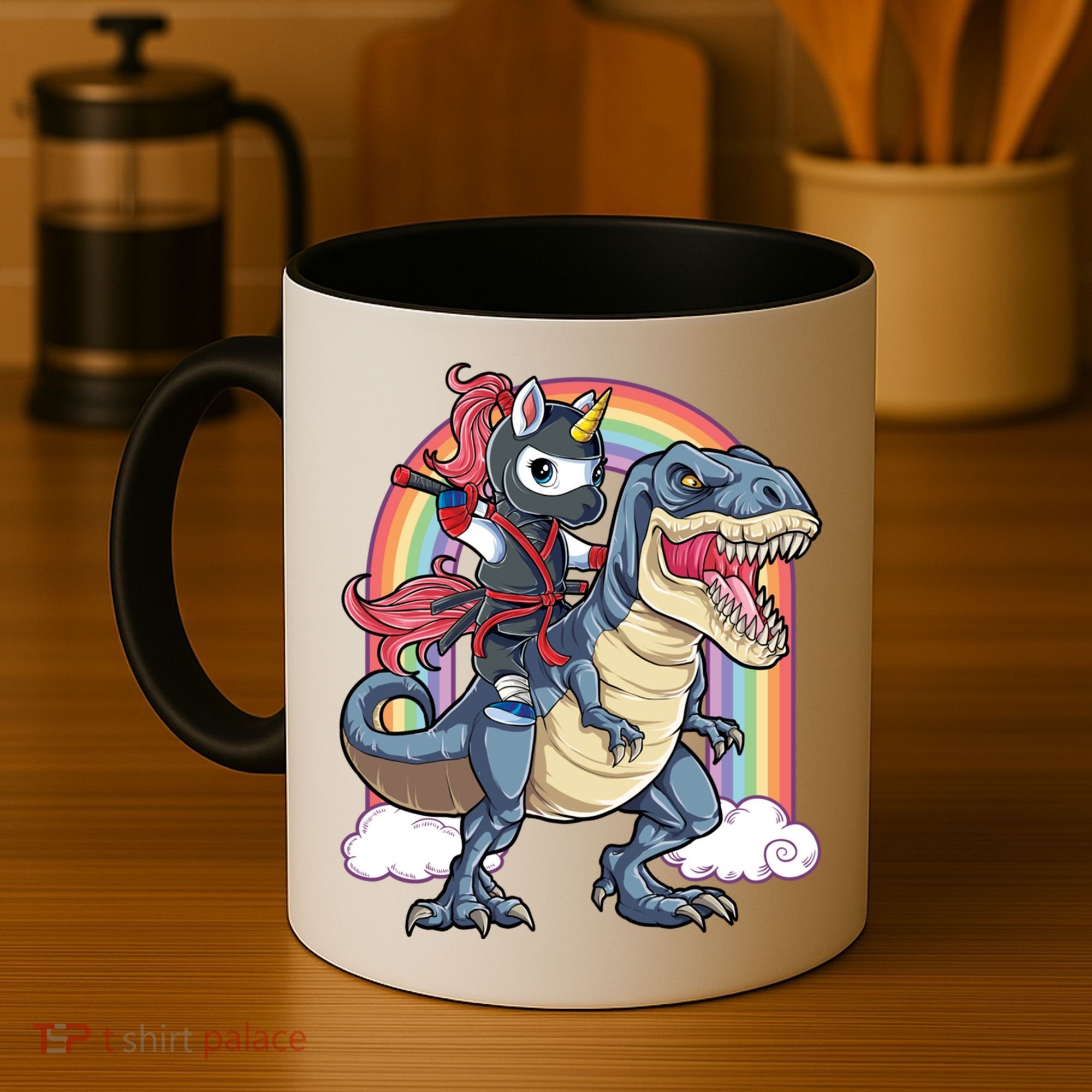 Ninja Unicorn Riding Dinosaur T Rex Funny Rainbow Gift Coffee Mug