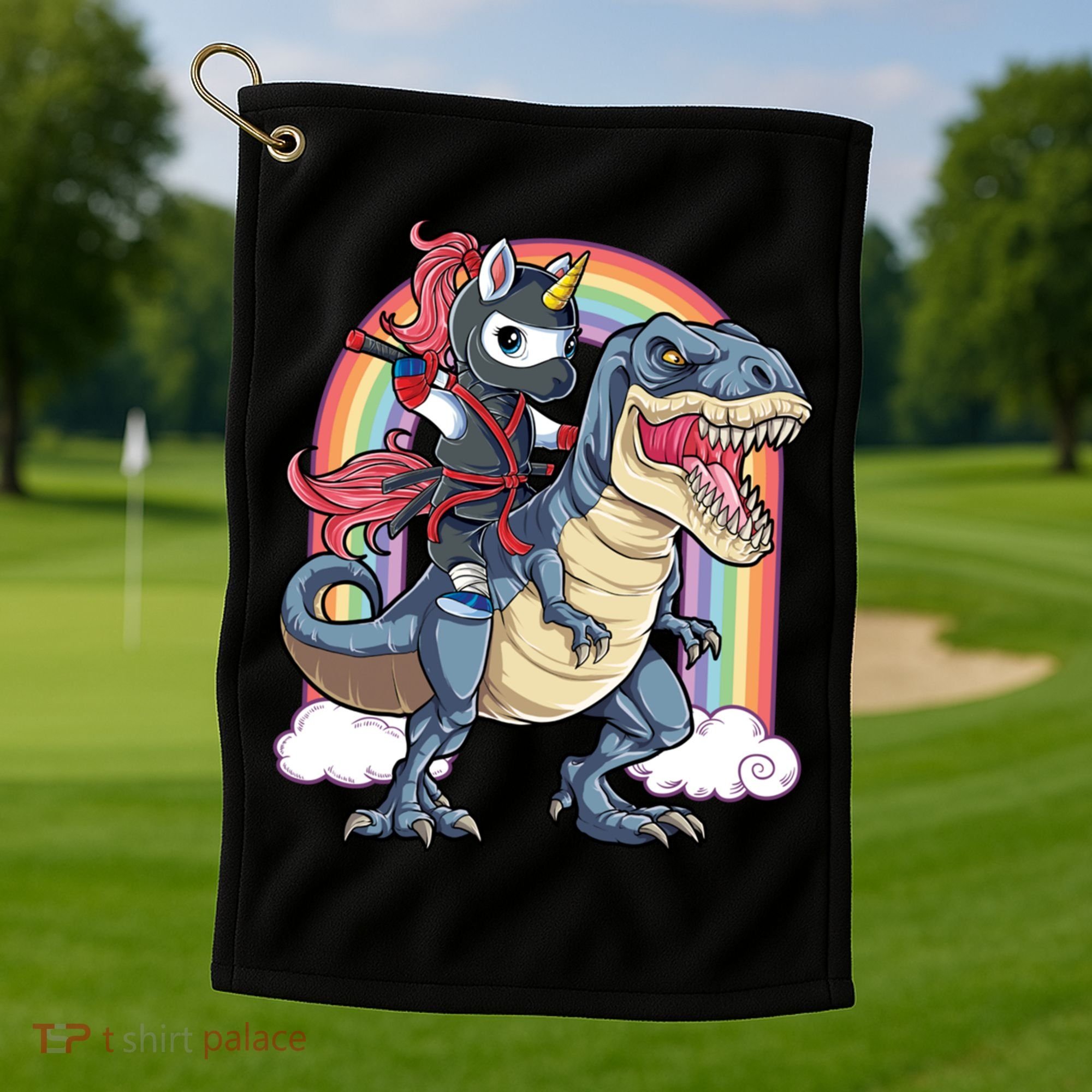 Ninja Unicorn Riding Dinosaur T Rex Funny Rainbow Gift Golf Towel
