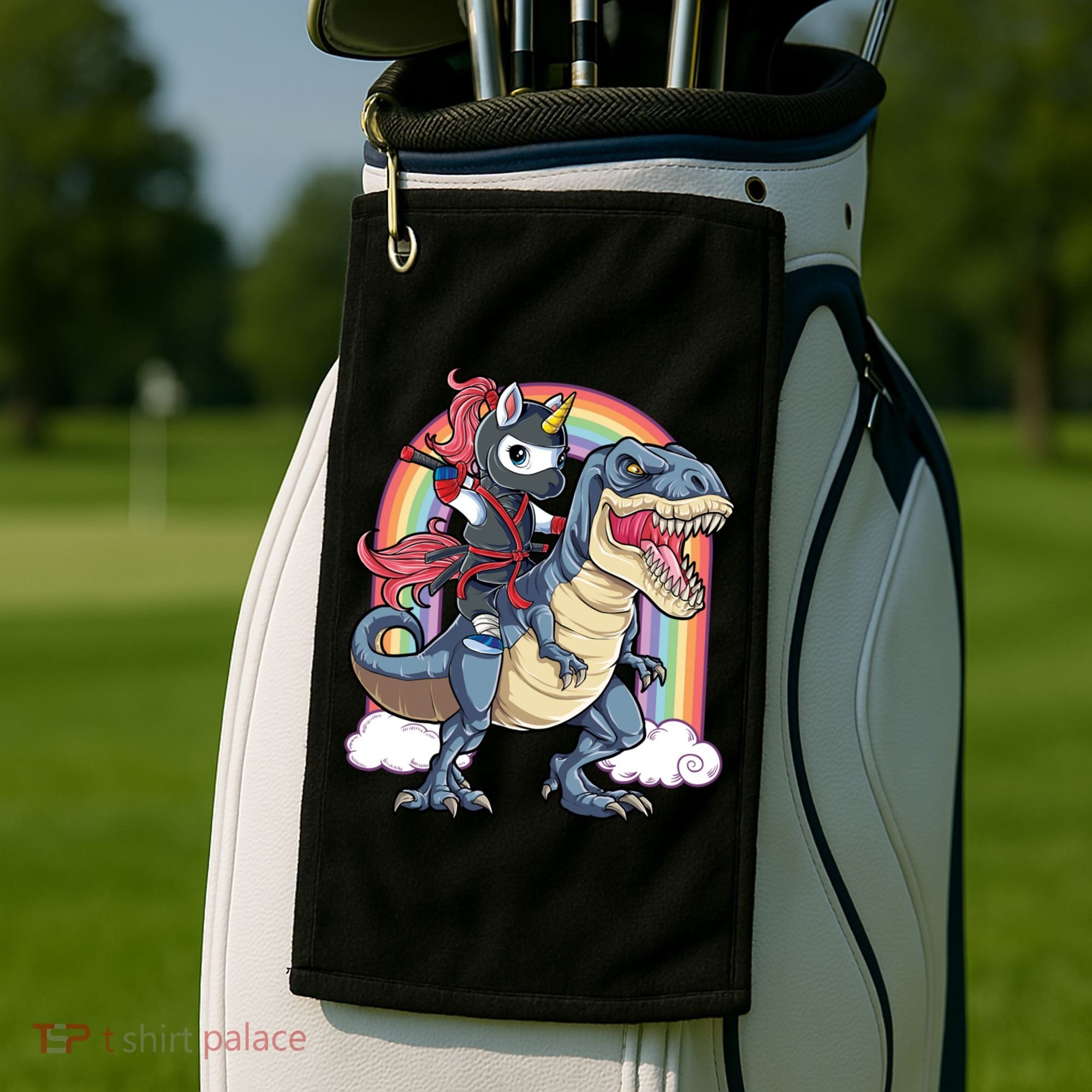 Ninja Unicorn Riding Dinosaur T Rex Funny Rainbow Gift Golf Towel