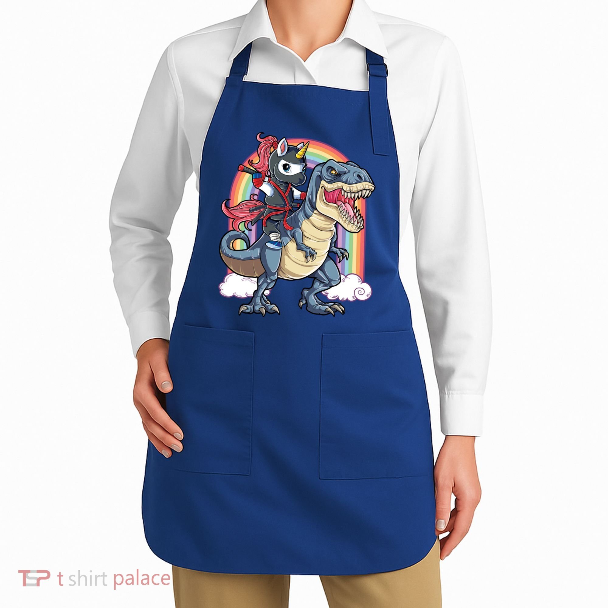 Ninja Unicorn Riding Dinosaur T Rex Funny Rainbow Gift Apron