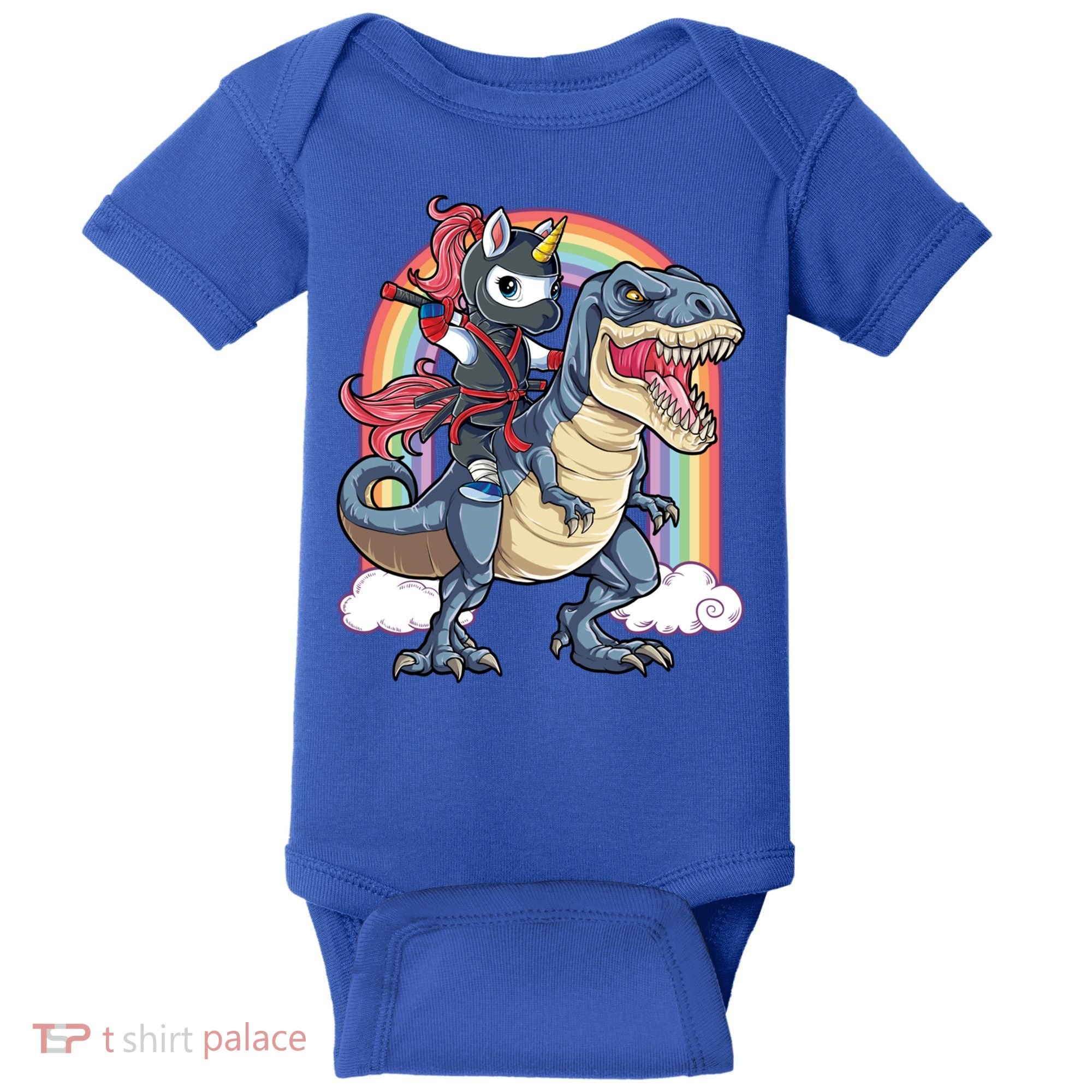 Ninja Unicorn Riding Dinosaur T Rex Funny Rainbow Gift Baby Bodysuit