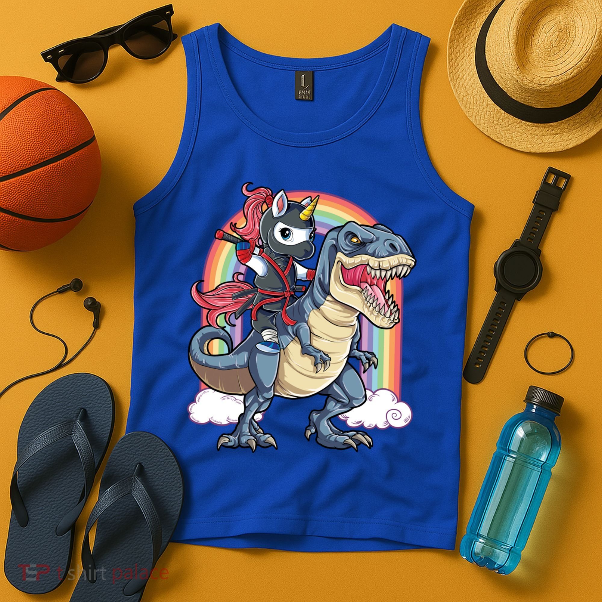 Ninja Unicorn Riding Dinosaur T Rex Funny Rainbow Gift Tank Top