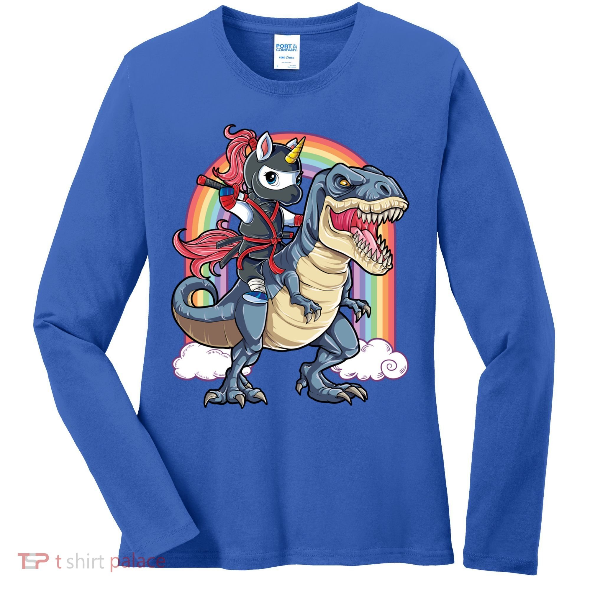 Ninja Unicorn Riding Dinosaur T Rex Funny Rainbow Gift Women's Long Sleeve Shirt