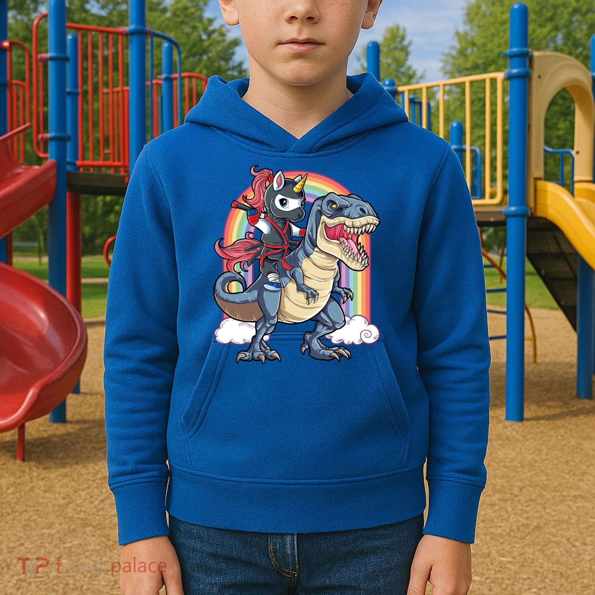 Ninja Unicorn Riding Dinosaur T Rex Funny Rainbow Gift Kids Hoodie