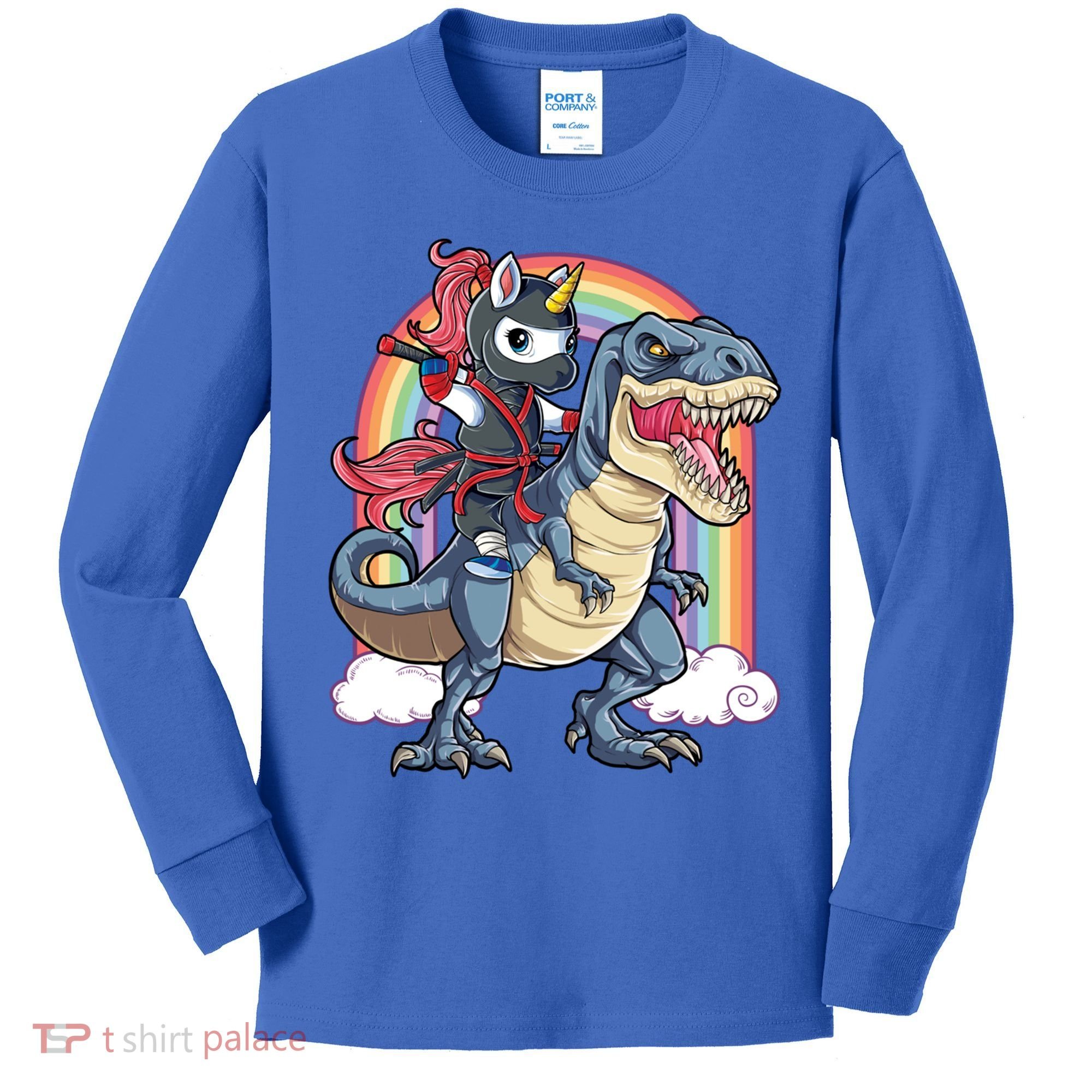 Ninja Unicorn Riding Dinosaur T Rex Funny Rainbow Gift Kids Long Sleeve Shirt