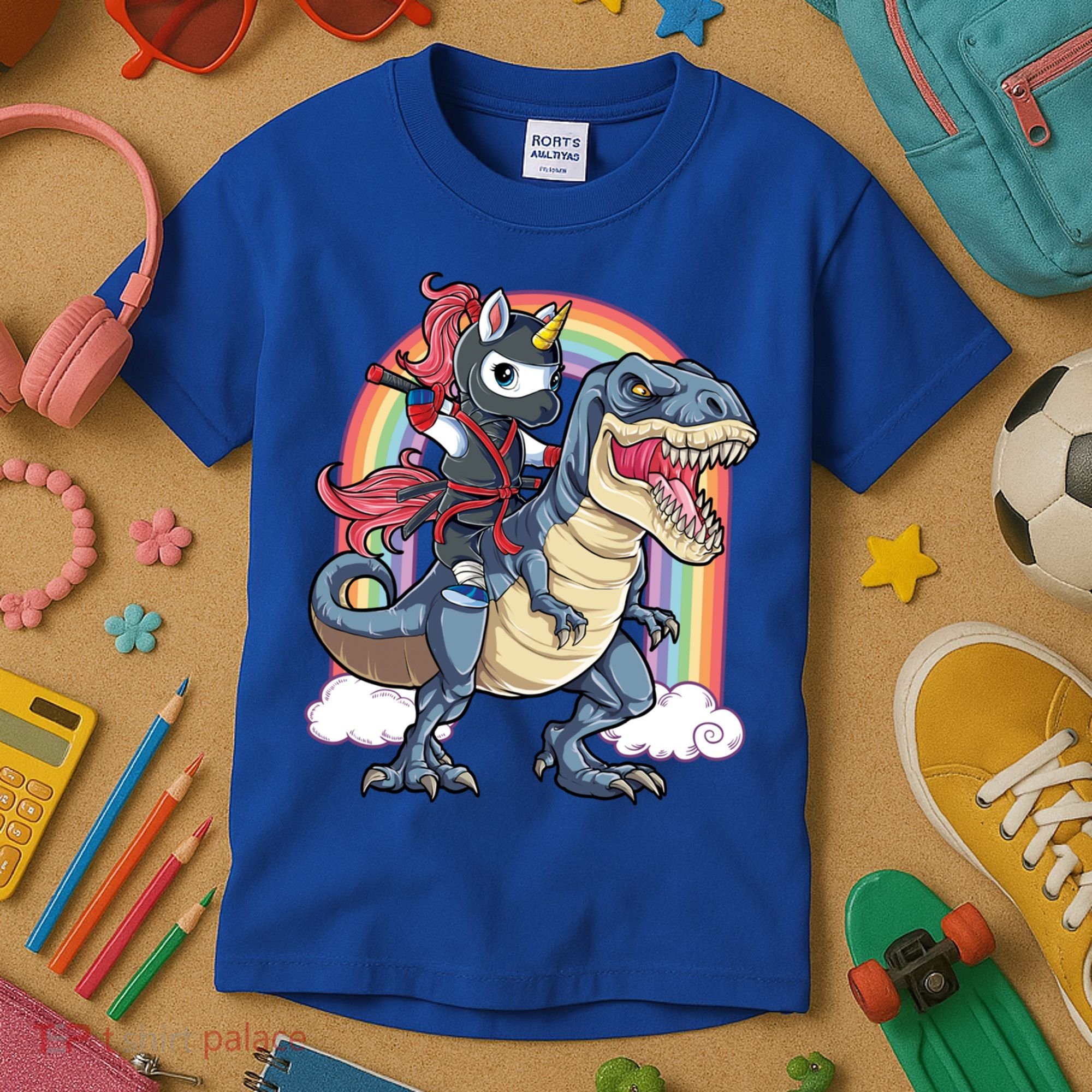 Ninja Unicorn Riding Dinosaur T Rex Funny Rainbow Gift Kids T-Shirt