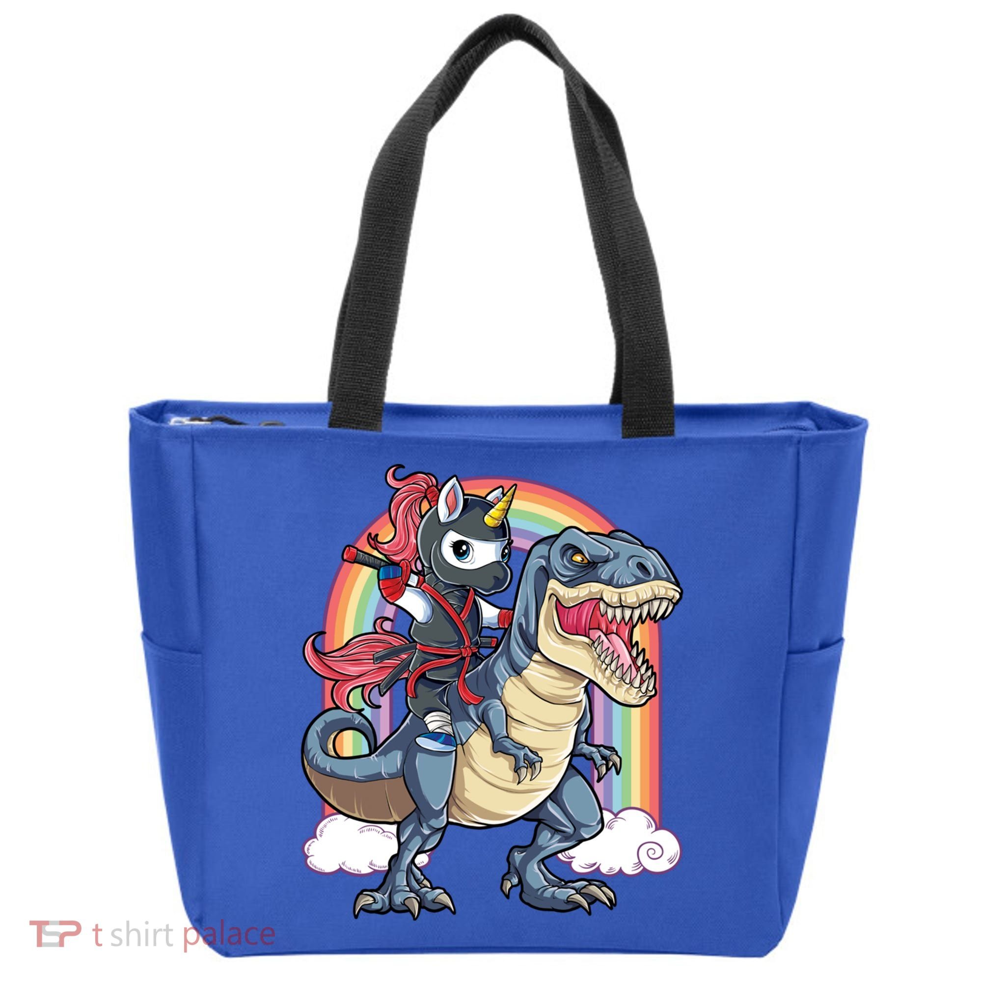 Ninja Unicorn Riding Dinosaur T Rex Funny Rainbow Gift Tote Bag