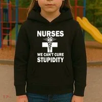 Nurses We Can't Cure Stupidity Kids Hoodie thumb 3