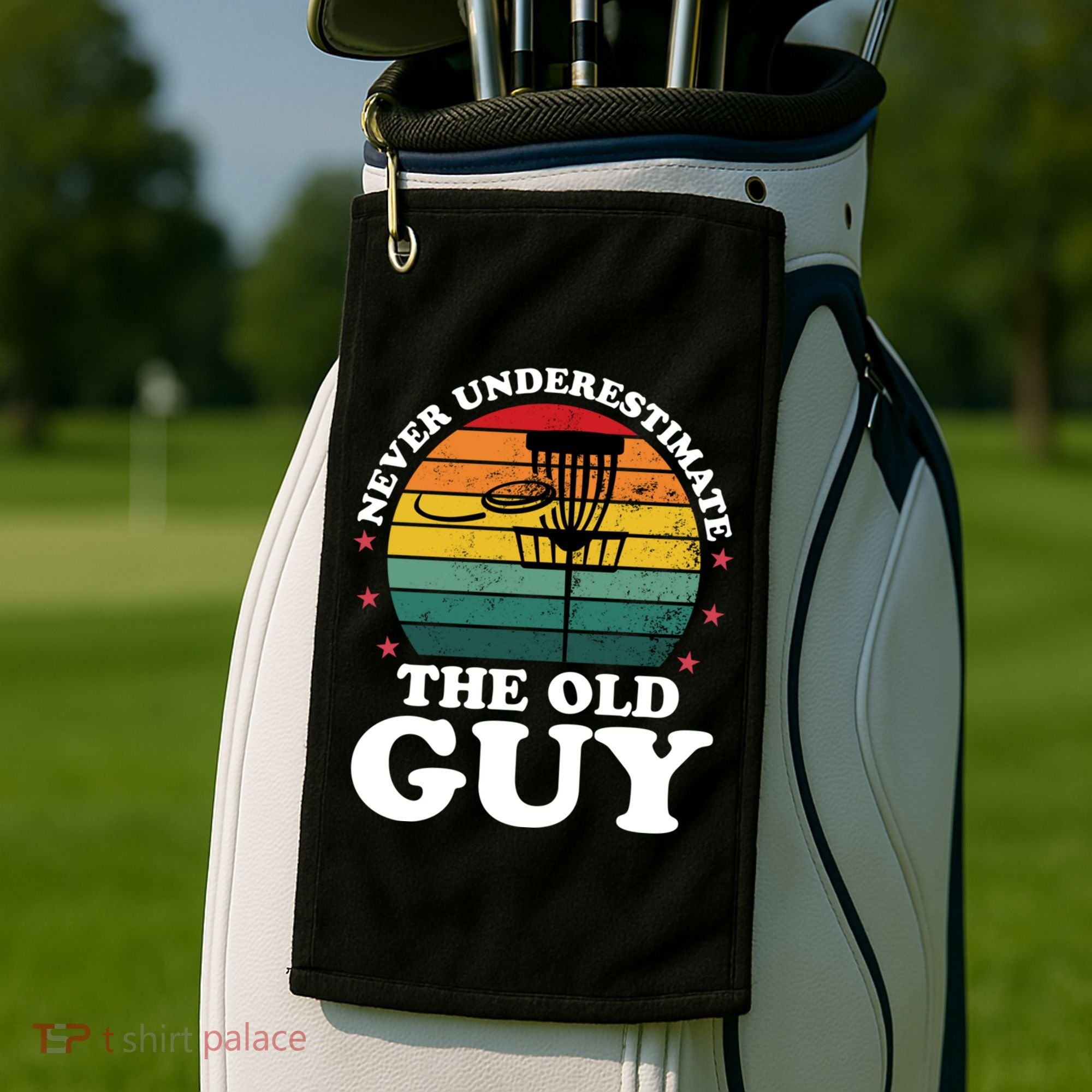 Never Underestimate The Old Guy Funny Disc Golf Frisbee Gift Golf Towel