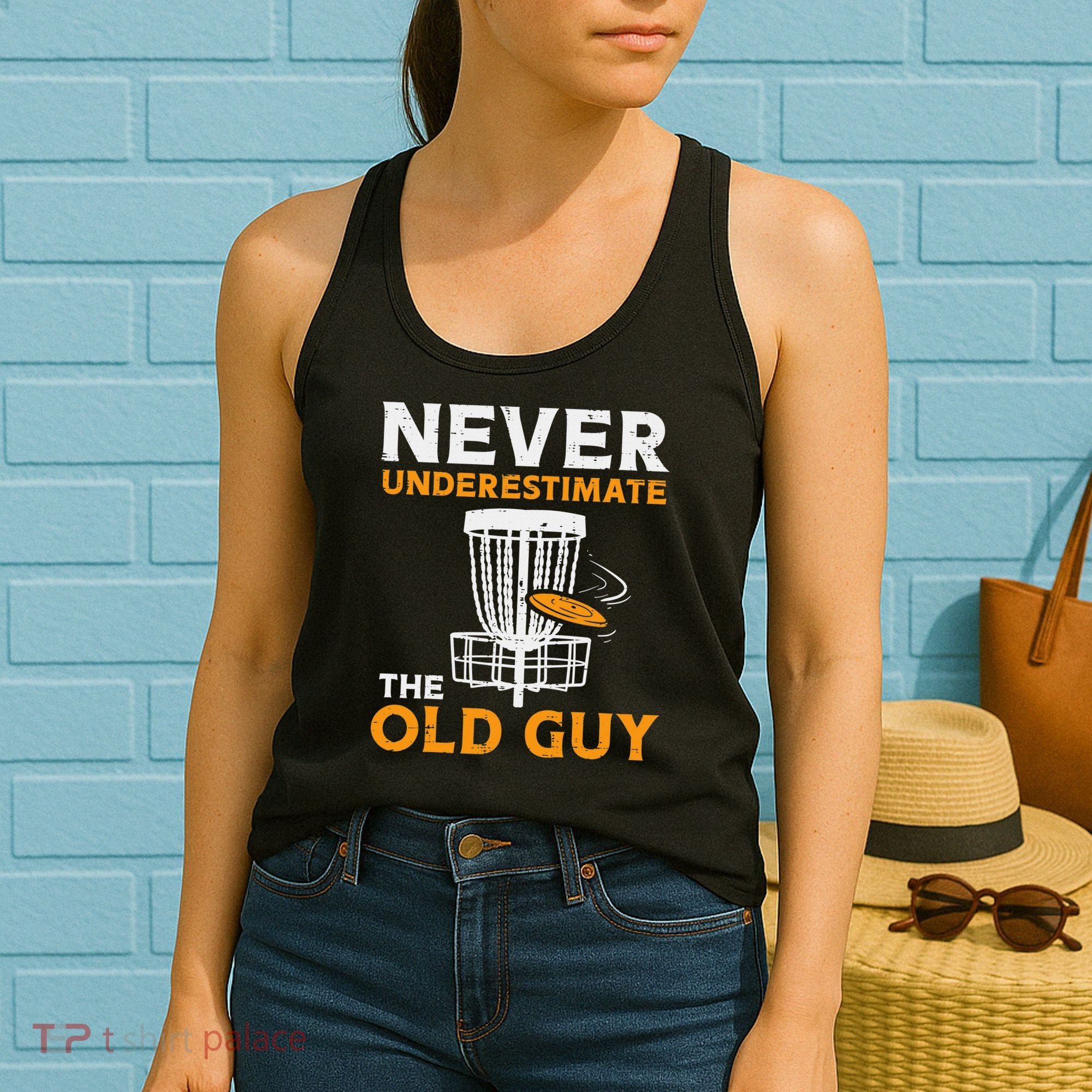 Never Underestimate The Old Guy Funny Disc Golf Frisbee Gift Women's Tank Top