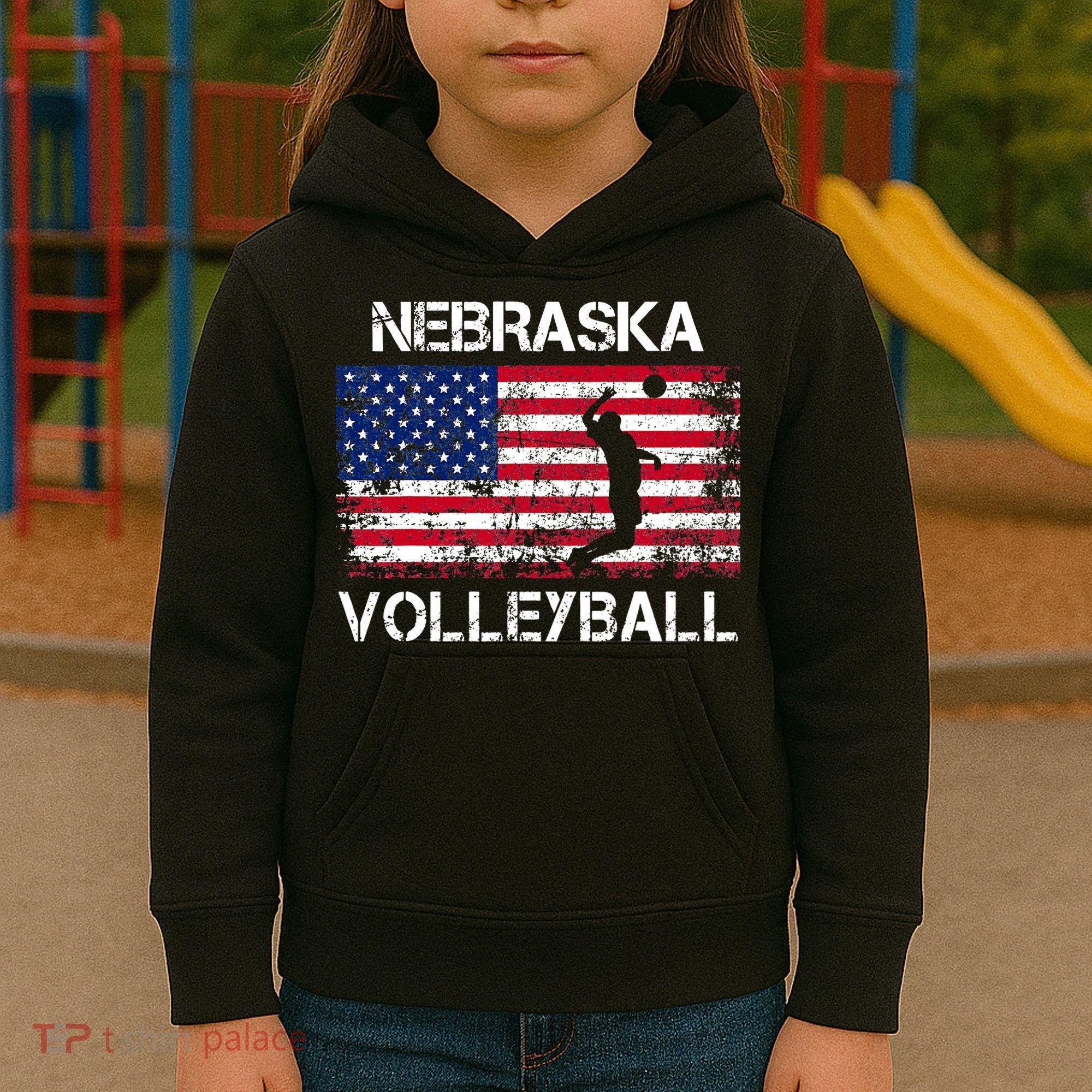 Nebraska Volleyball Team American Flag Gift Kids Hoodie