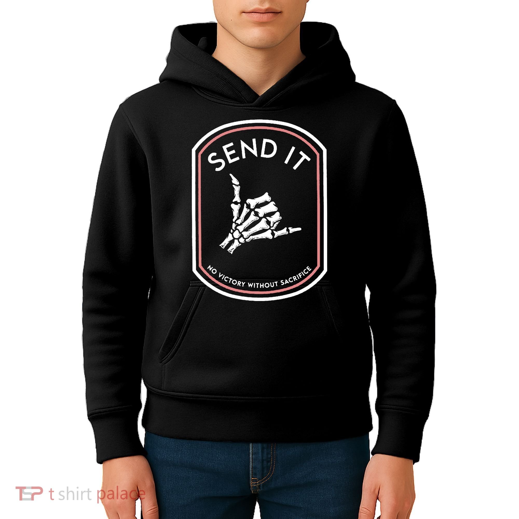 No Victory Without Sacrifice Send It Skeleton Hand Kids Hoodie