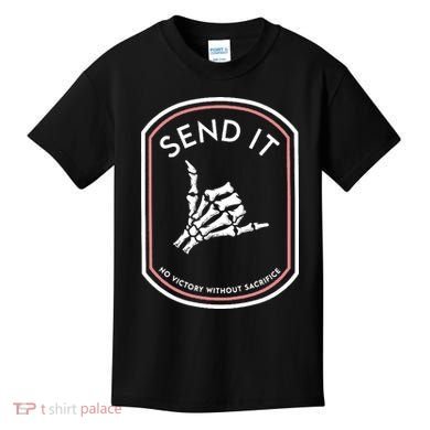 No Victory Without Sacrifice Send It Skeleton Hand Kids T-Shirt