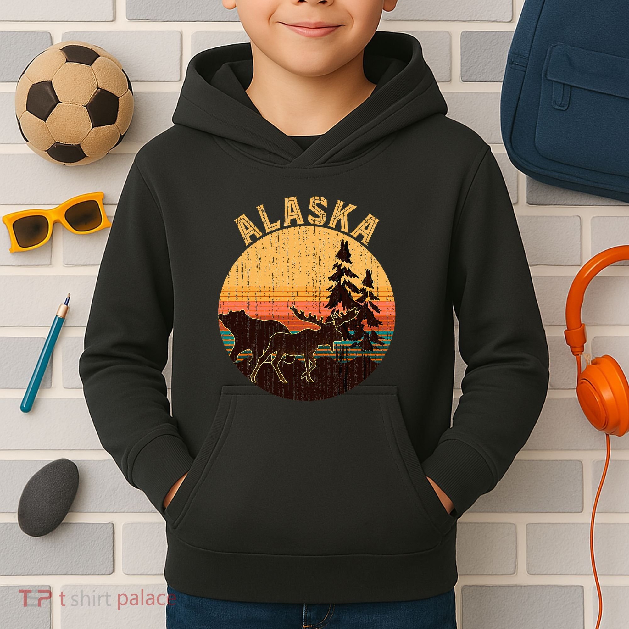 Nature Willdife Bear Moose Alaskan Animal Forest Alaska Kids Hoodie